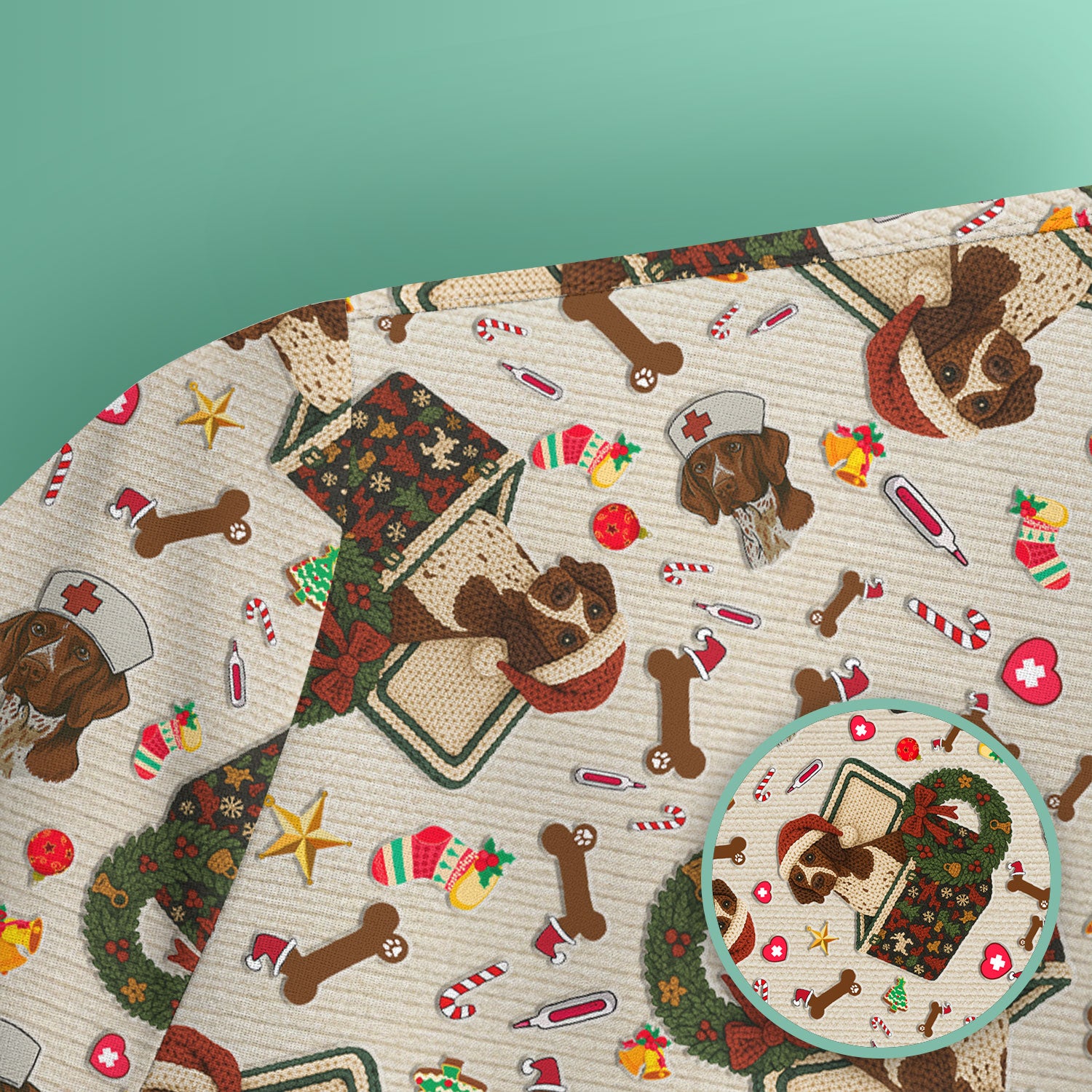 Funny Christmas Dog Scrub Top – Cute Pet Lover Holiday Pattern – Festive Medical Uniform for Nurses and Animal Care Workers