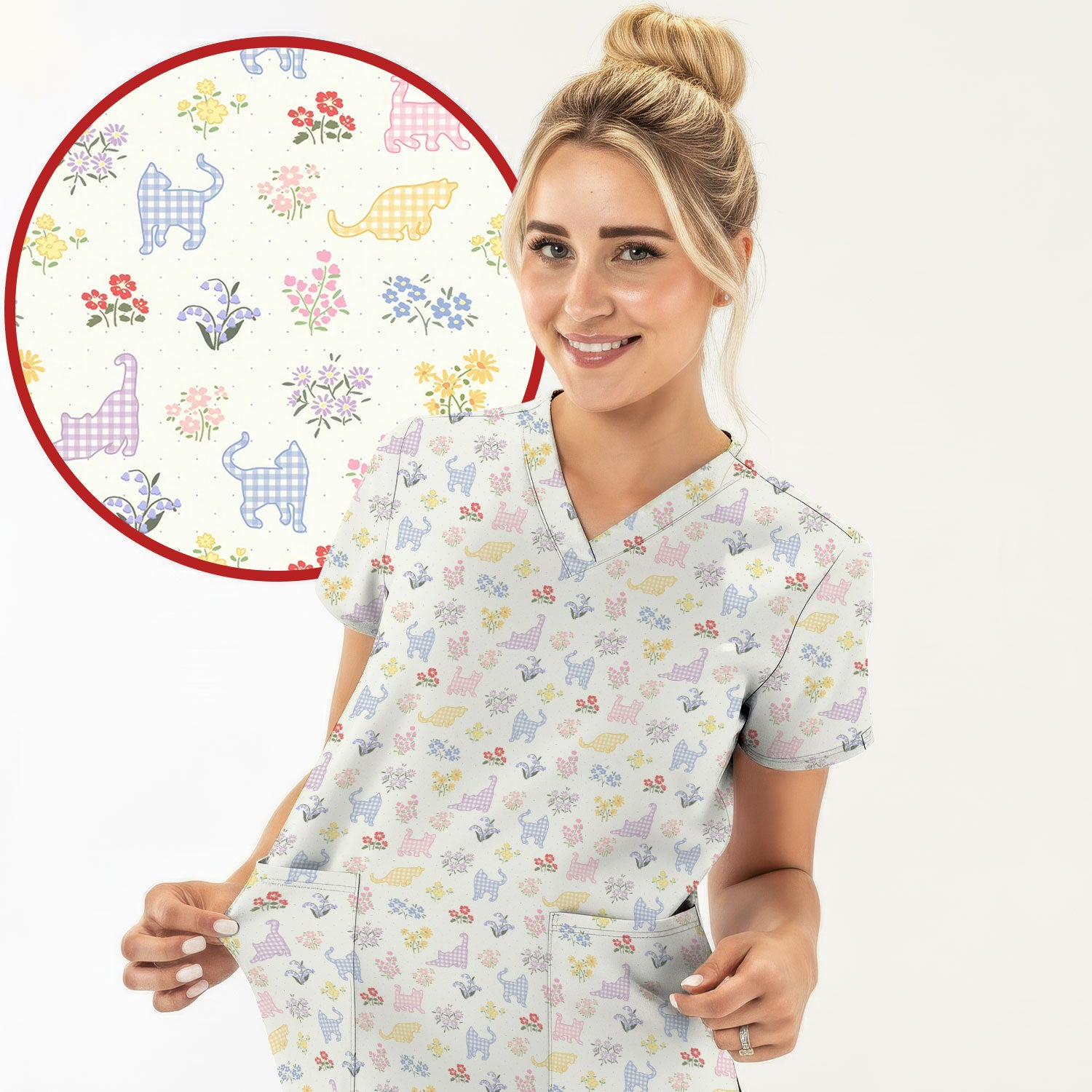 Pastel Cat Floral Nurse Scrub Top, Cute Cat Medical Pattern Shirt, Breathable Fabrics Nursing Uniform