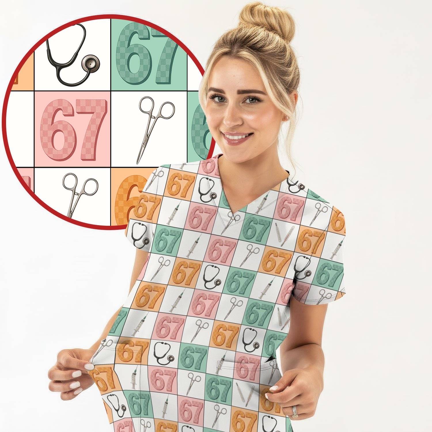 67 Nurse Patchwork Scrub Top, Colorful Medical Tools Pattern Uniform Shirt For Nursing