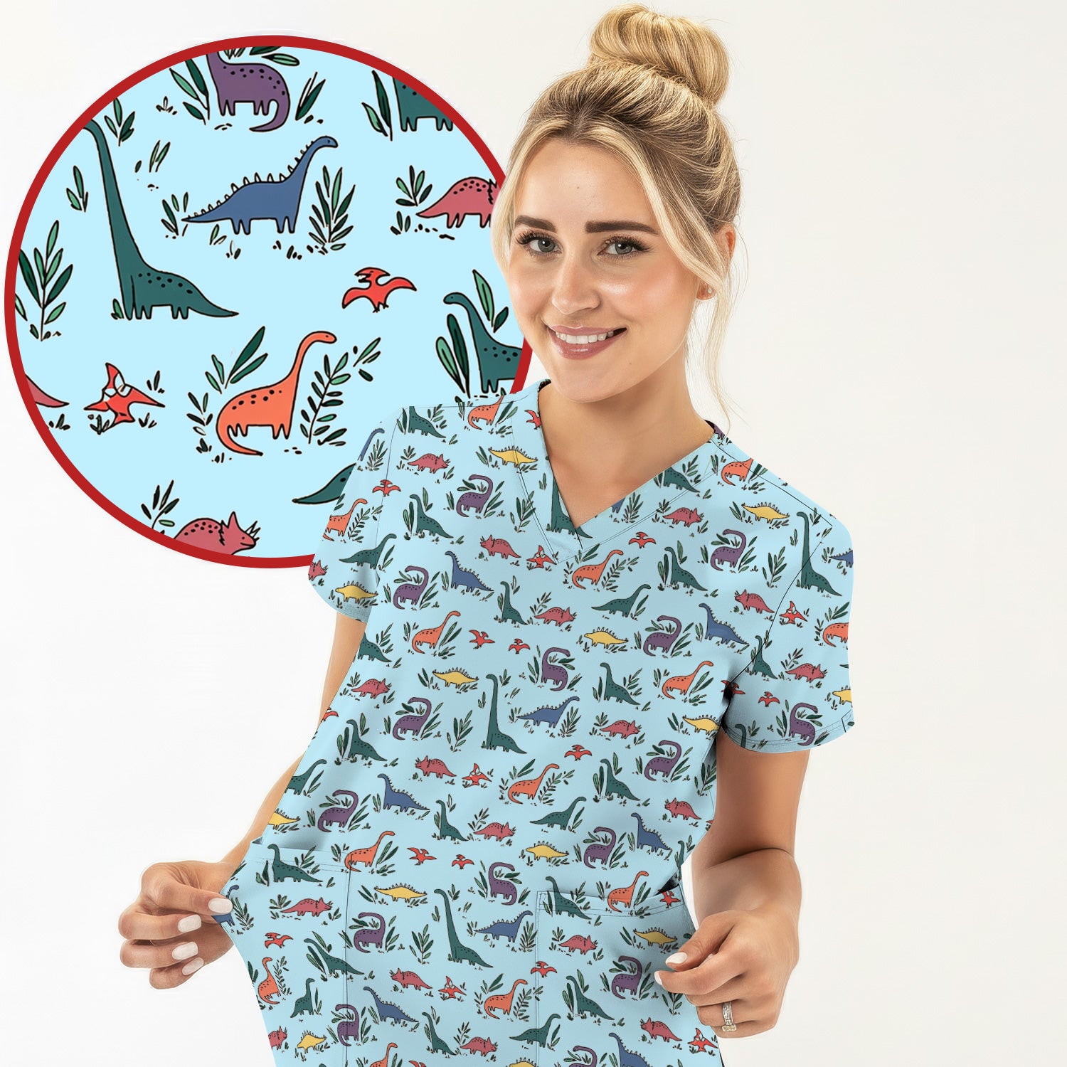 Cute Dinosaur Leafy Garden Pattern Scrub Top, Comfortable Scrubs for Nurses