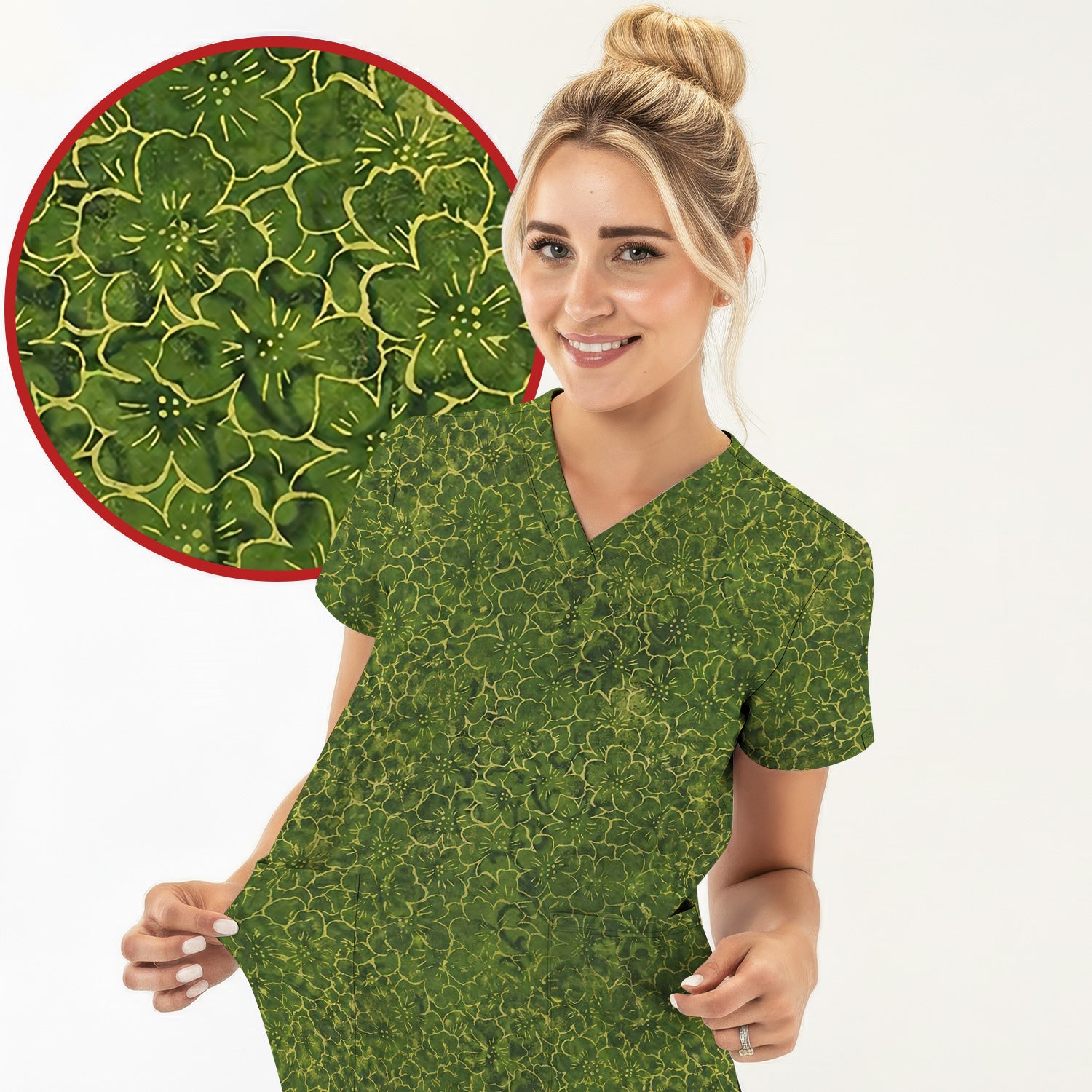 Green Floral Blossom Pattern Scrub Top, Comfortable Scrubs for Nurses