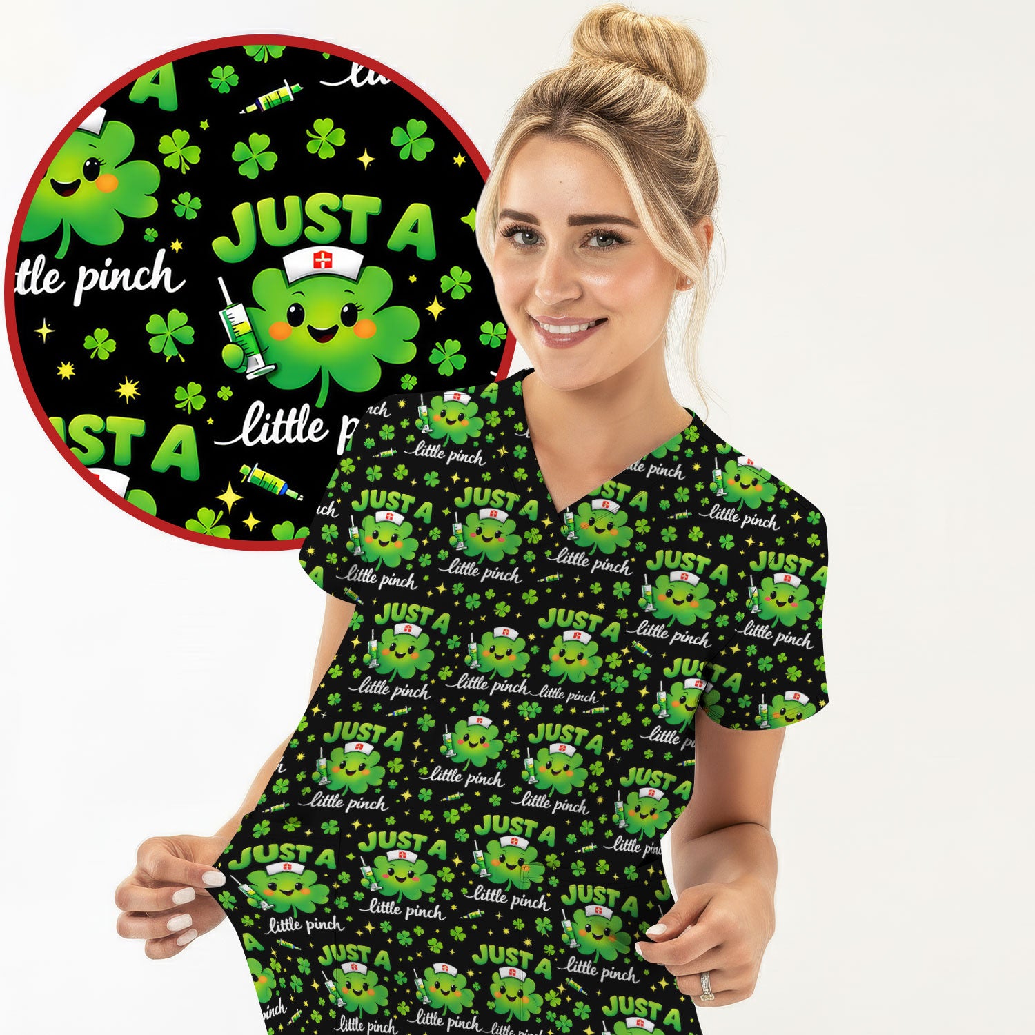 Shamrock Nurse Just A Little Pinch Print Scrub Top, Comfortable Scrubs for Nurses