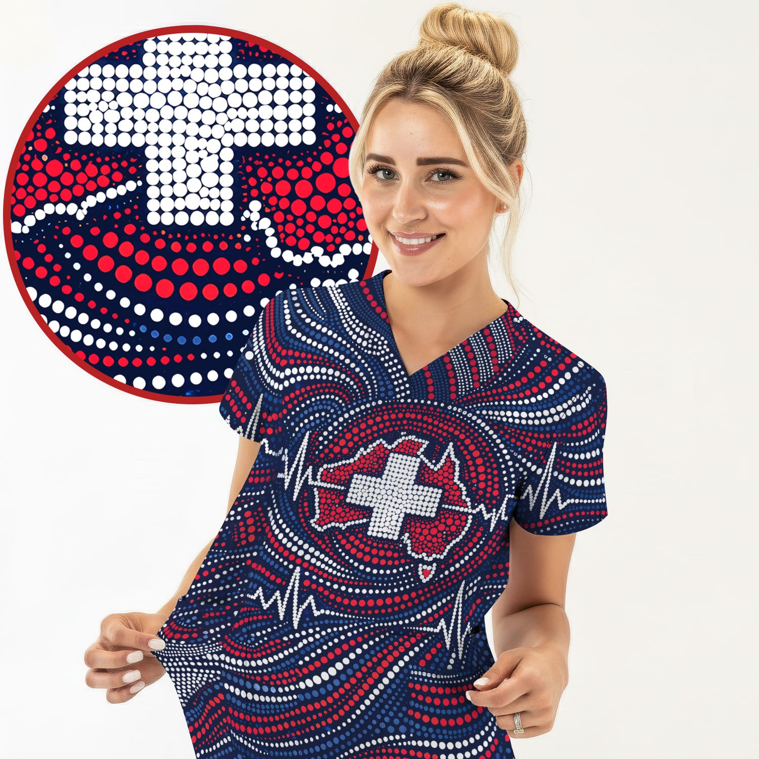 Dot Art Medical Cross Heartbeat Print Scrub Top, Comfortable Scrubs for Nurses