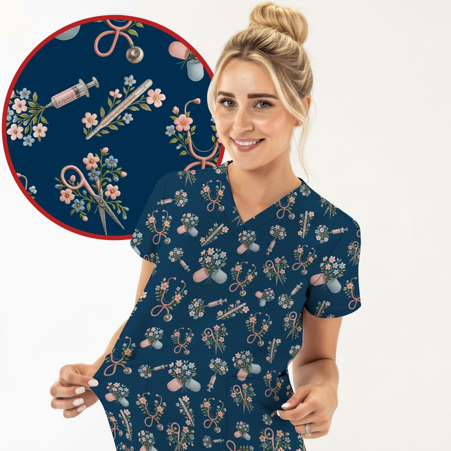 Floral Medical Scrub Top, Elegant Stethoscope With Flower Nursing Shirt, Breathable Fabrics Nurse Uniform