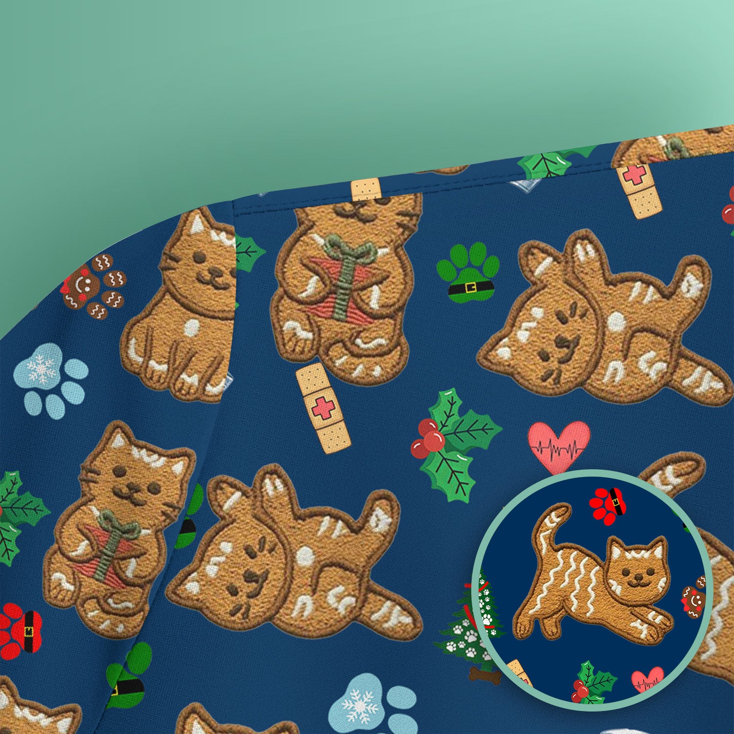 Gingerbread Cat Christmas Scrub Top, Cute Holiday Kitty Medical Uniform Shirt For Nursing, Festive Nurse Pattern