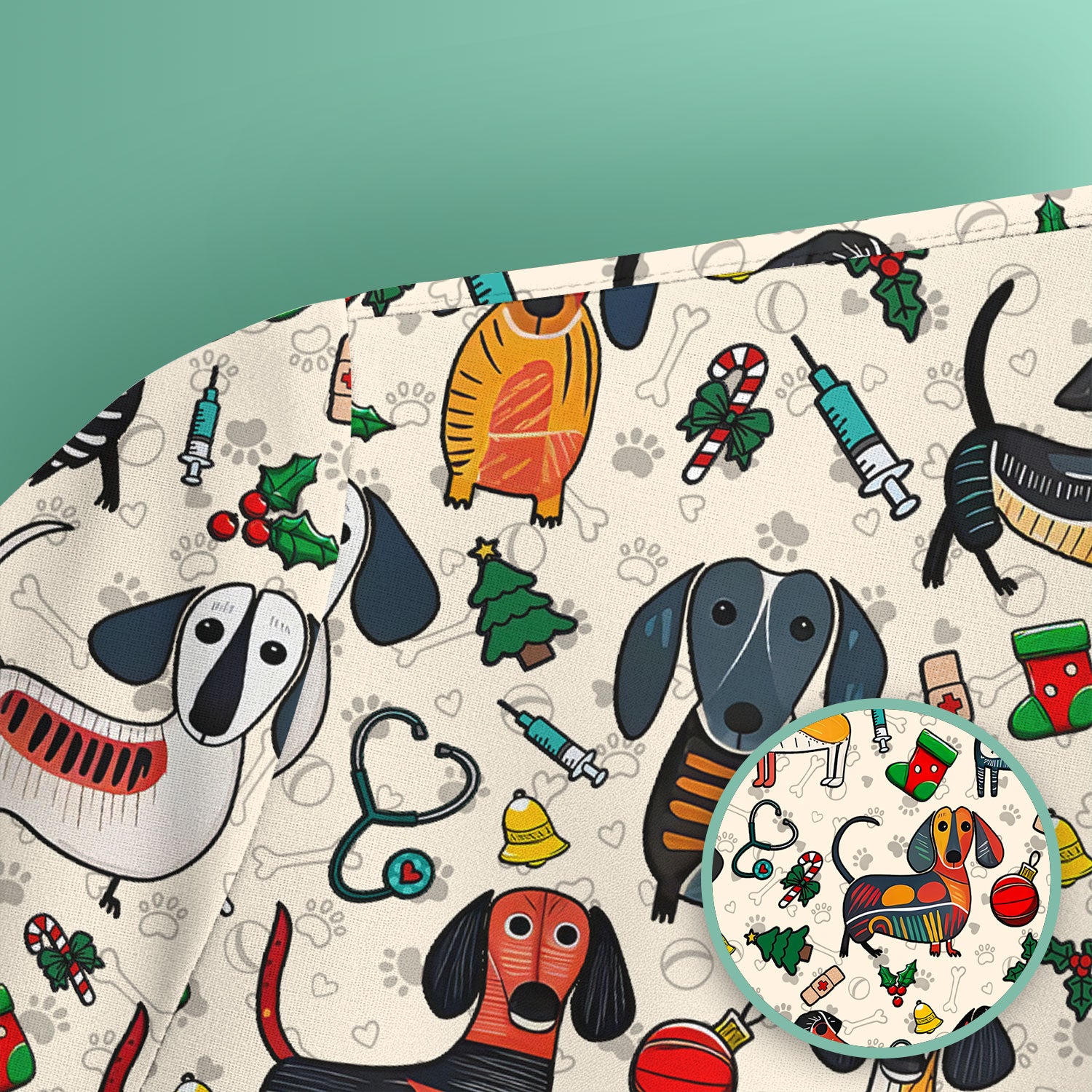 Christmas Wiener Dog Scrub Top - Funny Sausage Dog Nurse Shirt for Women - Holiday Medical Uniform