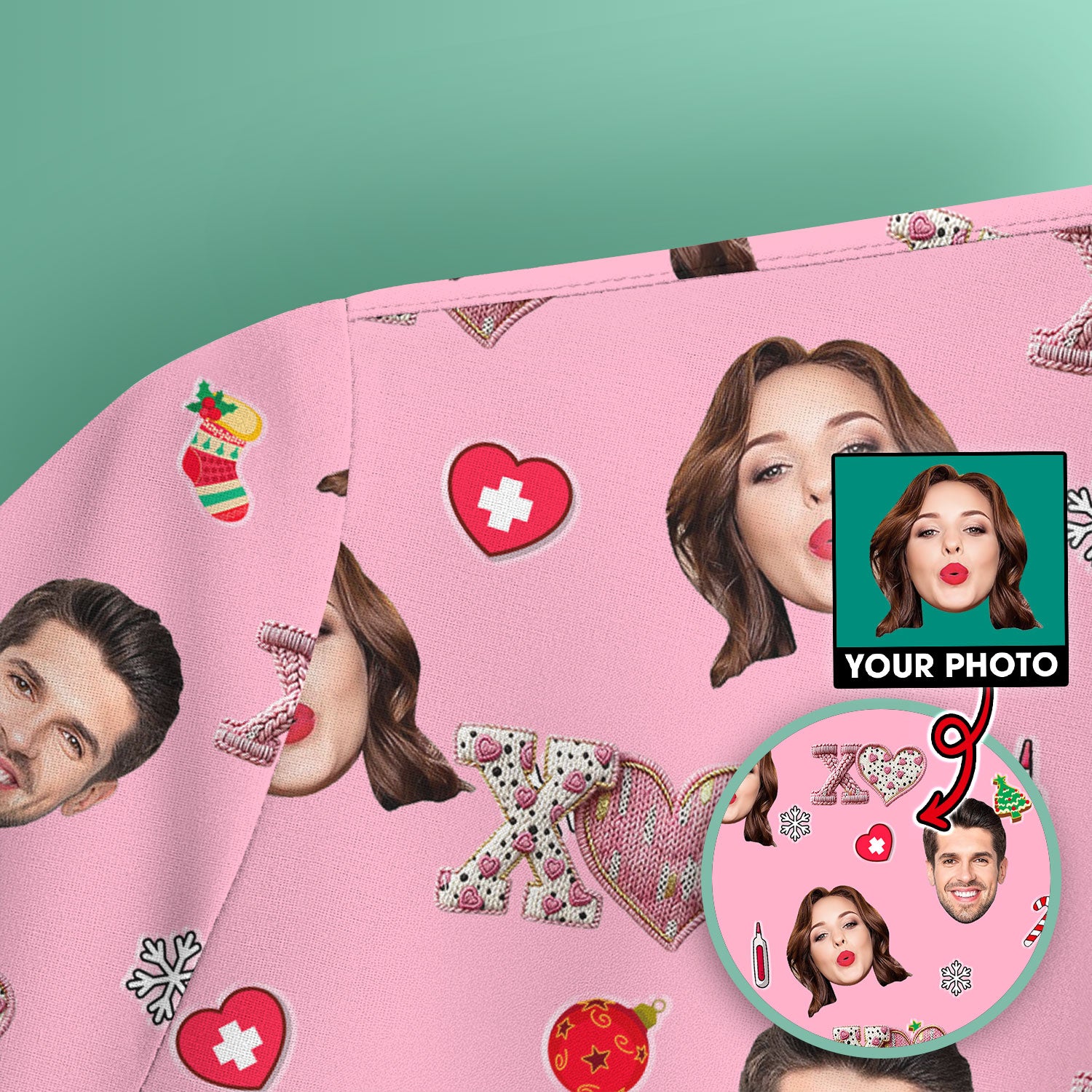Custom Face Pattern XOXO Scrub Shirt, Personalized Photo Scrub Top, Breathable Fabrics Nursing Uniform