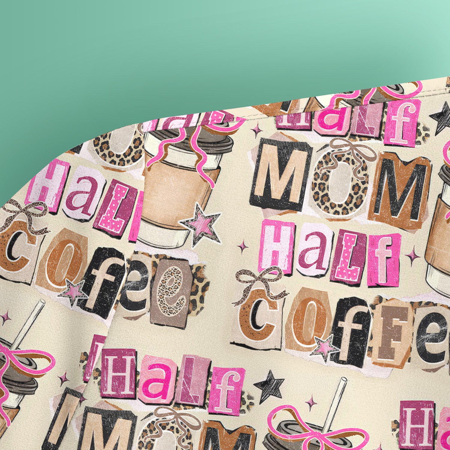 Half Mom Half Coffee Print Scrub Top, Caffeine Lover Nursing Uniform for Women