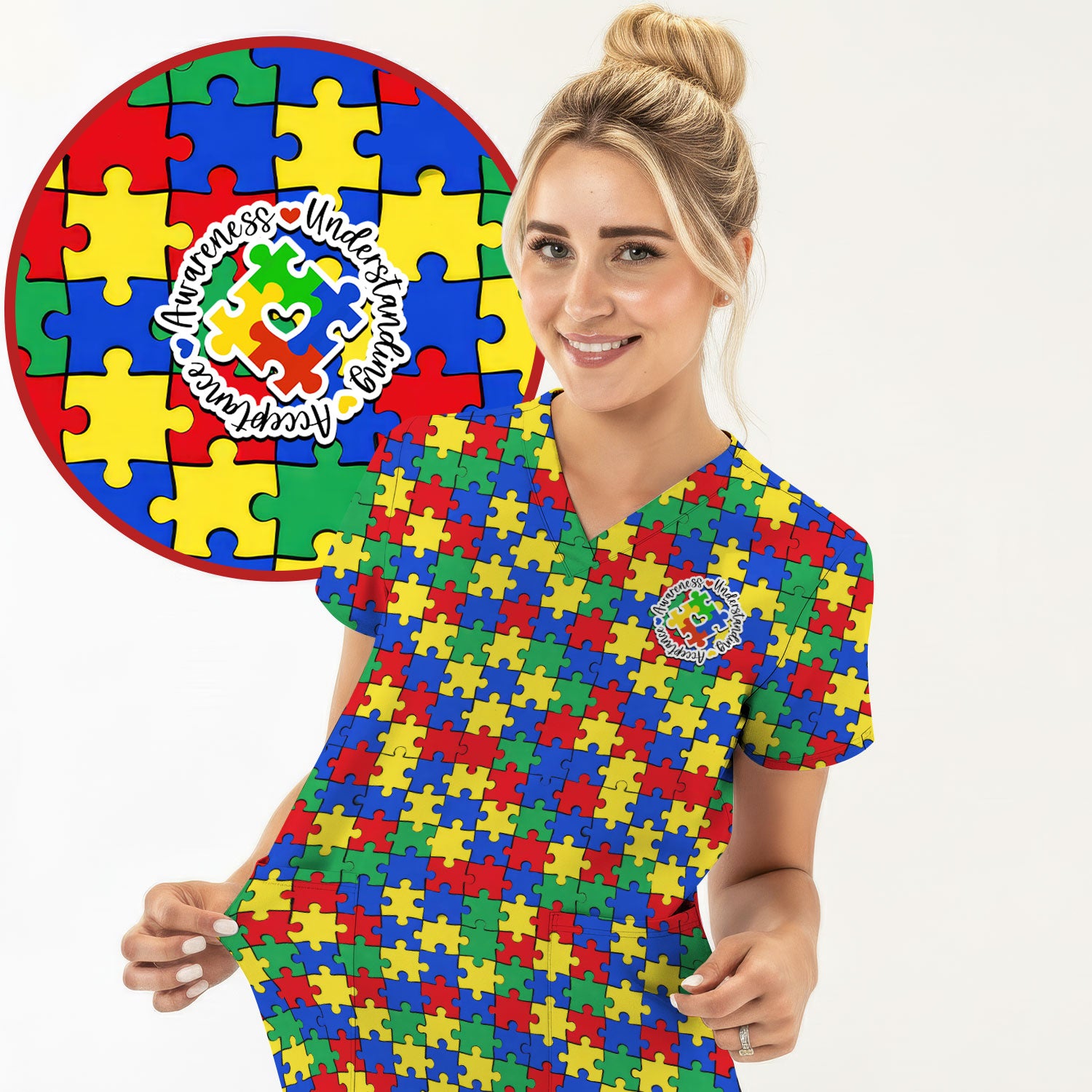 Autism Awareness Puzzle Pattern Scrub Top, Breathable Fabrics Nursing Uniform