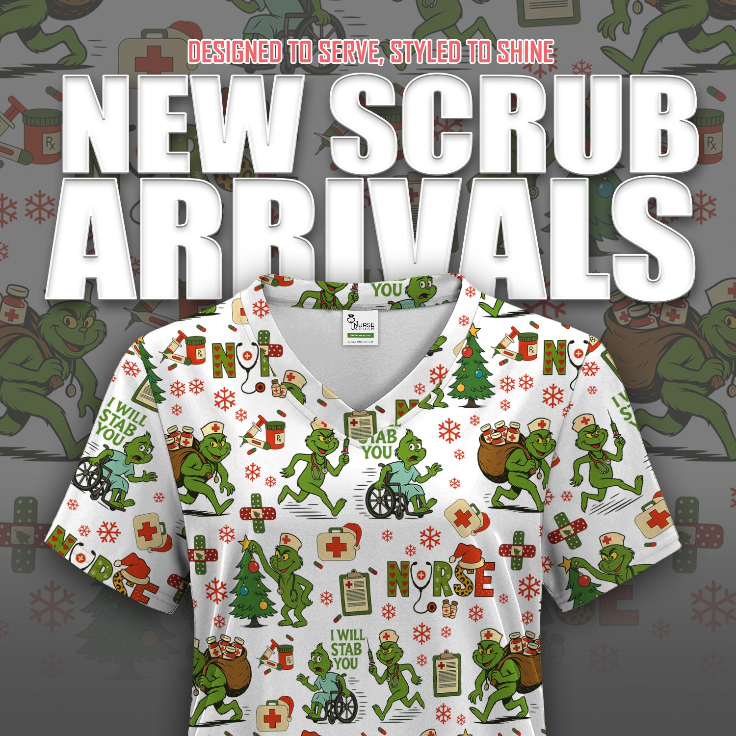 Christmas Nurse Scrub Shirt - Funny Grinch Scrub Top for Women Multi Color - Holiday Nursing Work Shirt with Pockets