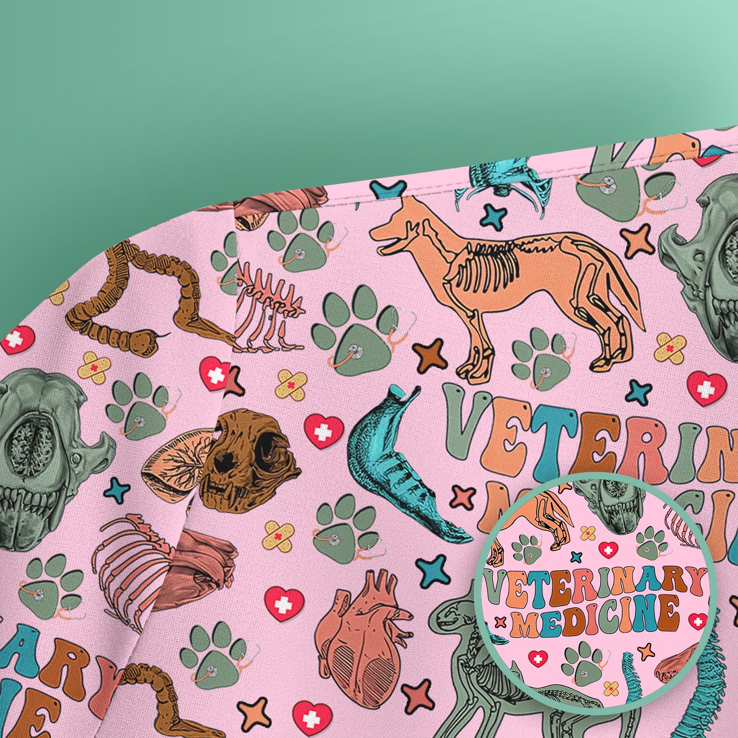 Veterinary Medicine Scrub Top - Cute Animal Anatomy Pattern Medical Shirt - Fun Vet Tech Nurse Scrubs for Women
