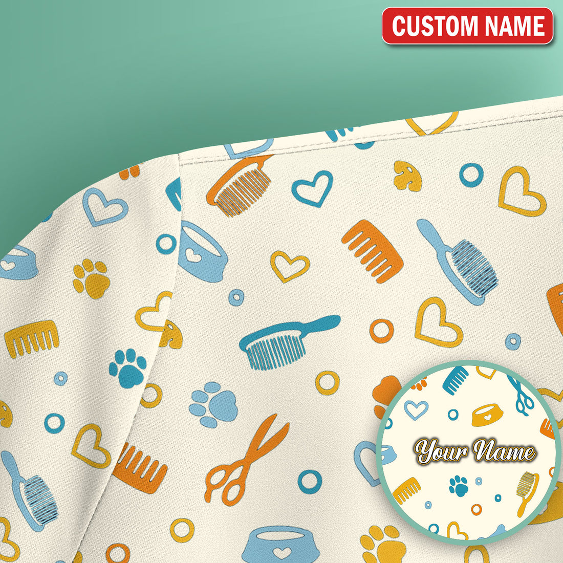 Custom Name Dog Cat Grooming Pattern Scrub Top, Breathable Fabrics Nursing Uniform