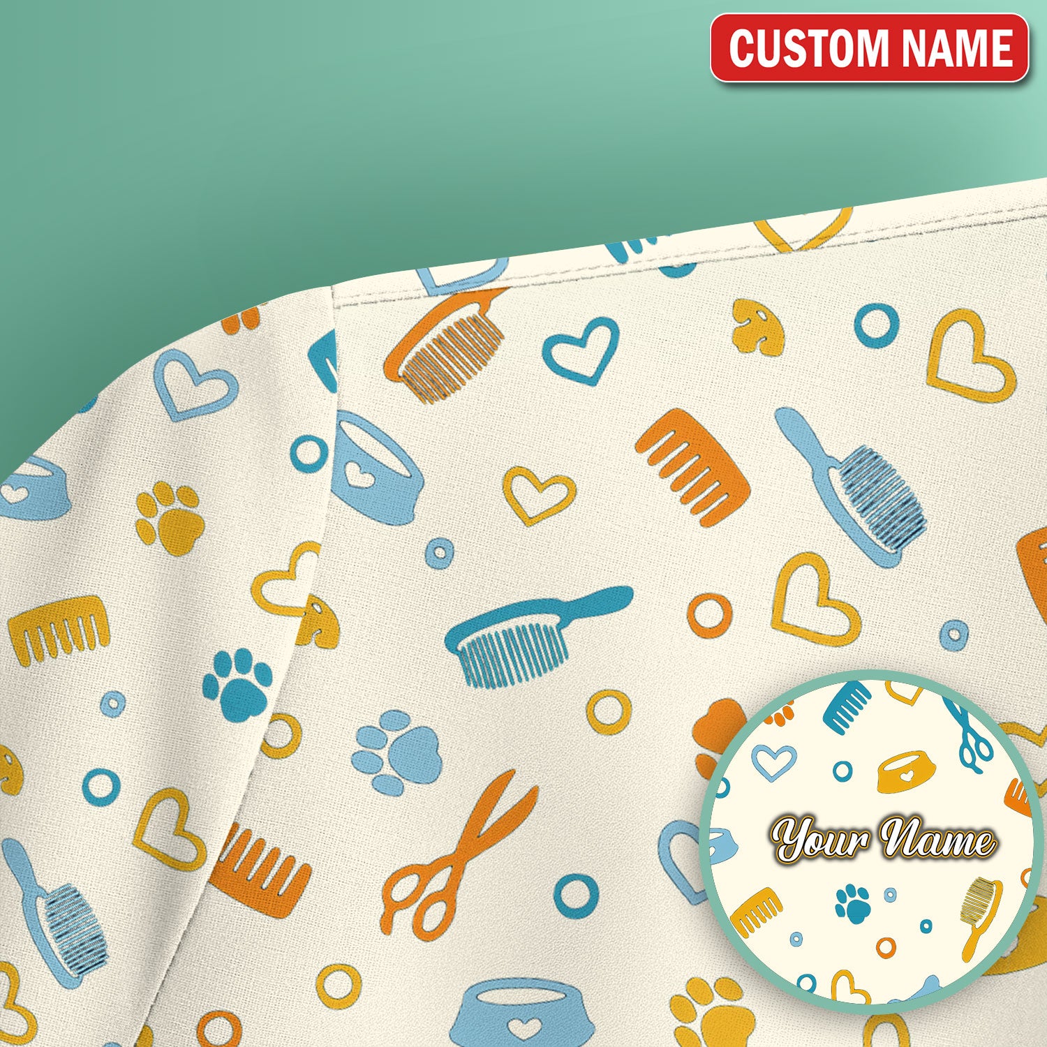 Custom Name Dog Cat Grooming Pattern Scrub Top, Breathable Fabrics Nursing Uniform