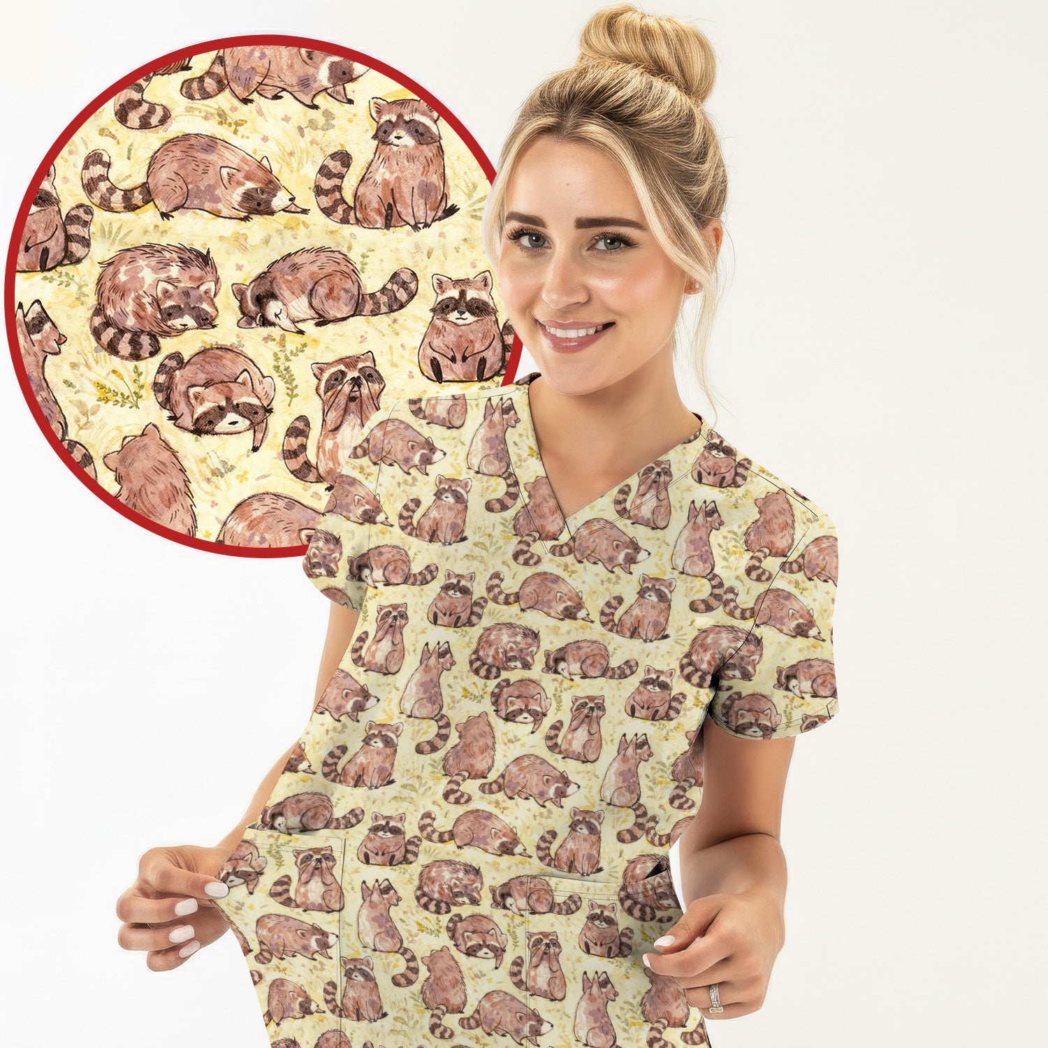 Cute Raccoon Woodland Pattern Scrub Top, Breathable Fabrics Nursing Uniform