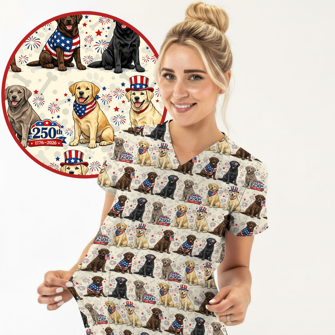 4th of July Labrador Dog Patriotic Print Scrub Top, USA Flag Nursing Uniform for Women