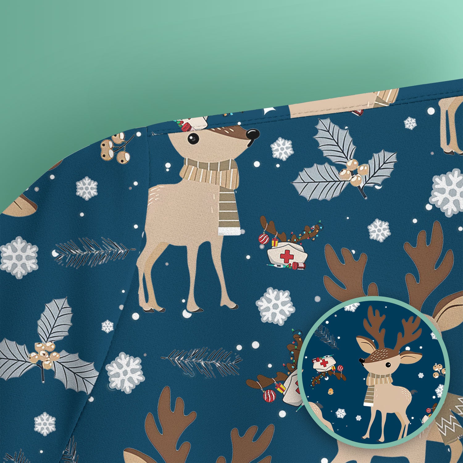 Reindeer Christmas Scrub Top - Cozy Beige Holiday Nurse Shirt with Cute Deer Pattern - Festive Medical Scrubs for Women RN CNA LPN