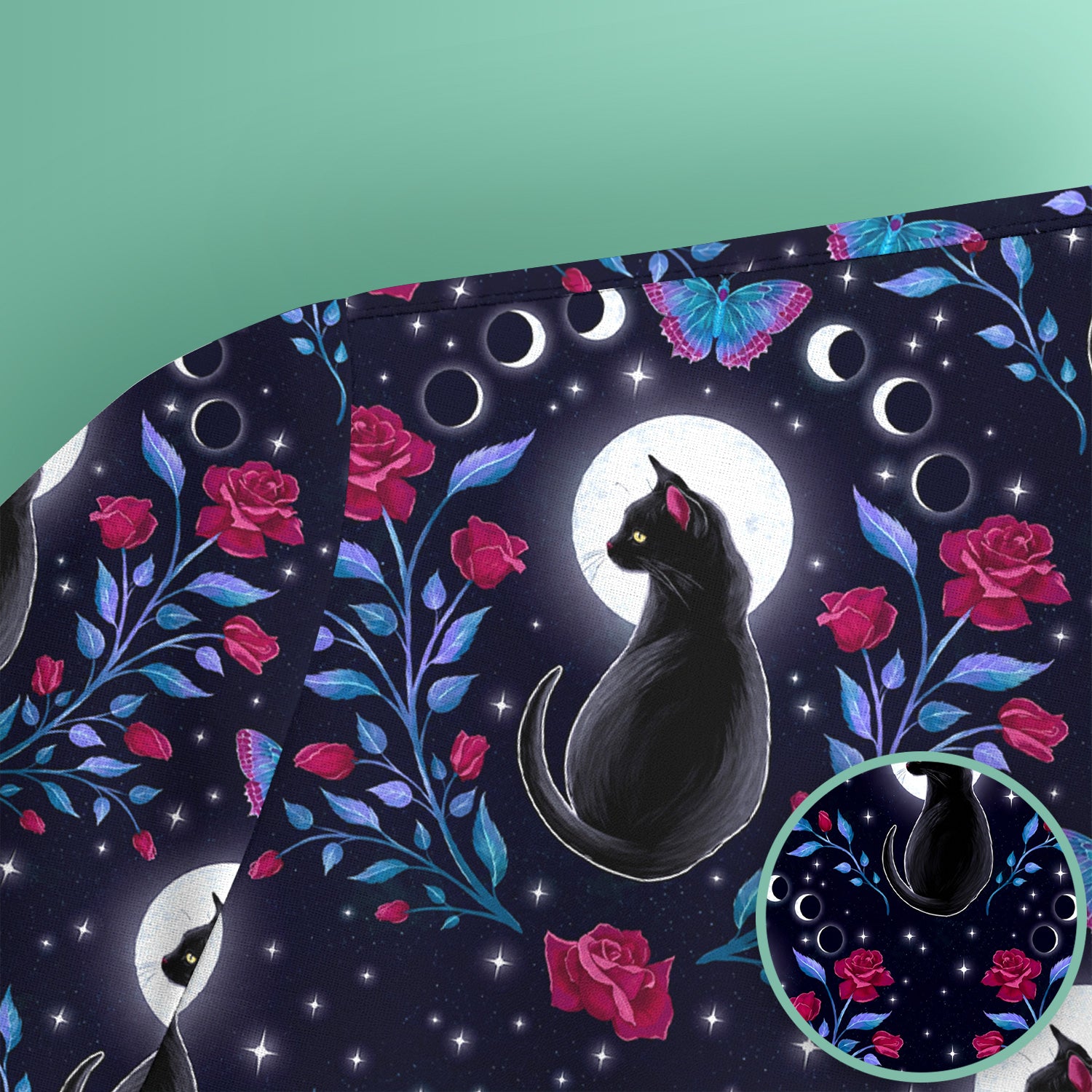 Black Cat Moon Rose Print Scrub Top, Comfortable Scrubs for Nurses