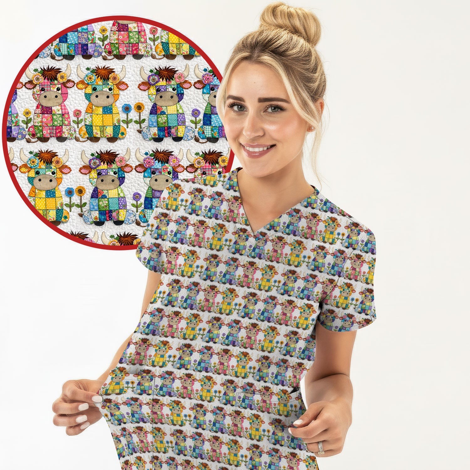 Cute Patchwork Cow With Flowers Pattern Scrubs Top, Comfortable Scrubs for Nurses