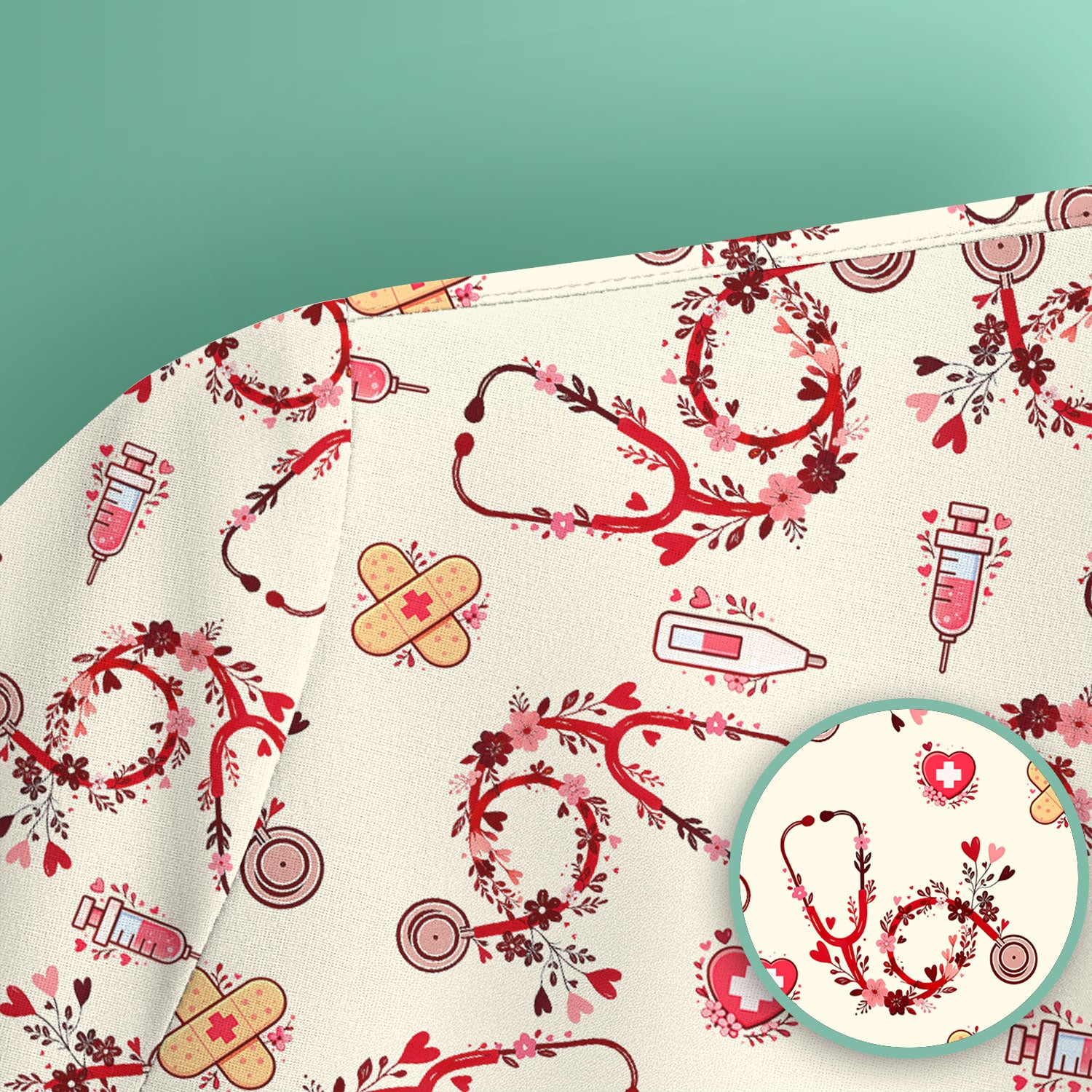 Heart Stethoscope Medical Pattern Scrub Top, Breathable Fabrics Nursing Uniform