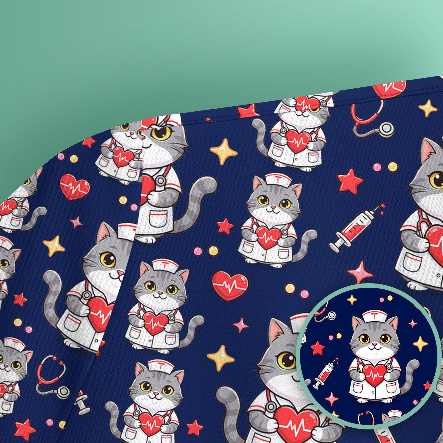 Cute Nurse Cat Heart Medical Print Scrub Top, Comfortable Scrubs for Nurses