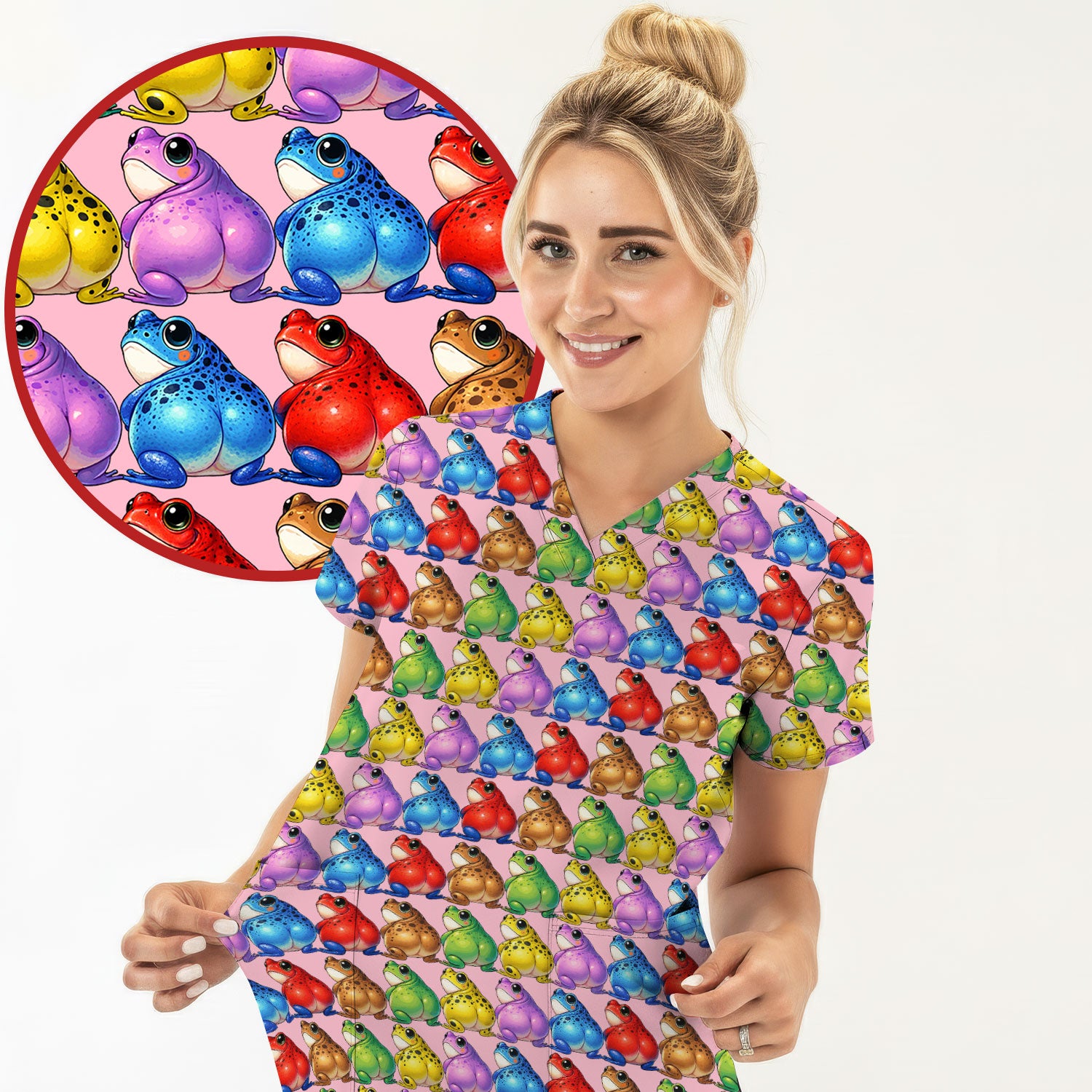 Funny Colorful Frogs Pattern Scrubs Top, Comfortable Scrubs for Nurses