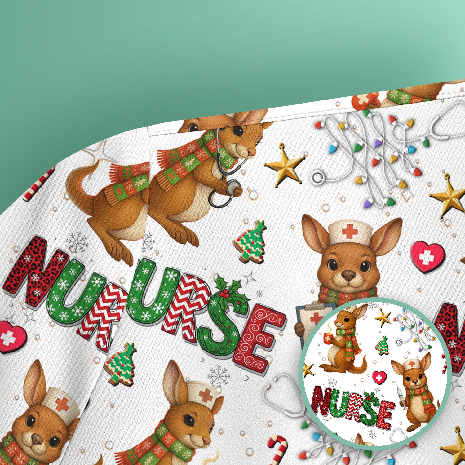 Aussie Kangaroo Christmas Scrub Top - Funny Holiday Nurse Shirt for Women - Cute Animal Medical Uniform