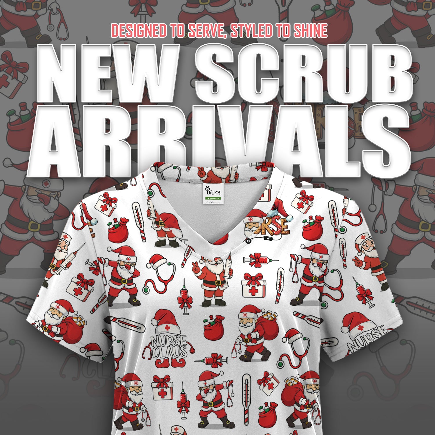 Nurse Claus Christmas Scrub Shirt - Cute Santa Nurse Scrub Top Multi Color - Funny Holiday Nursing Scrub Shirt with Pockets