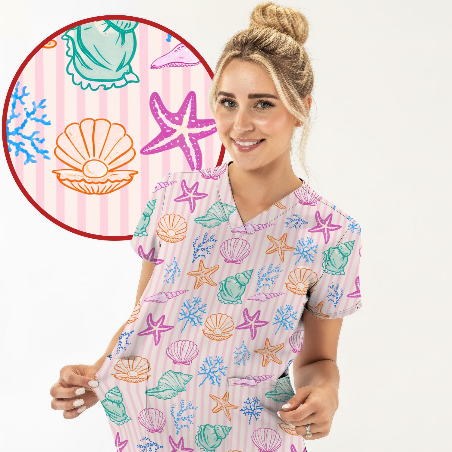 Colorful Seashell Starfish Ocean Stripe Pattern Scrub Top, Breathable Fabrics Nursing Uniform
