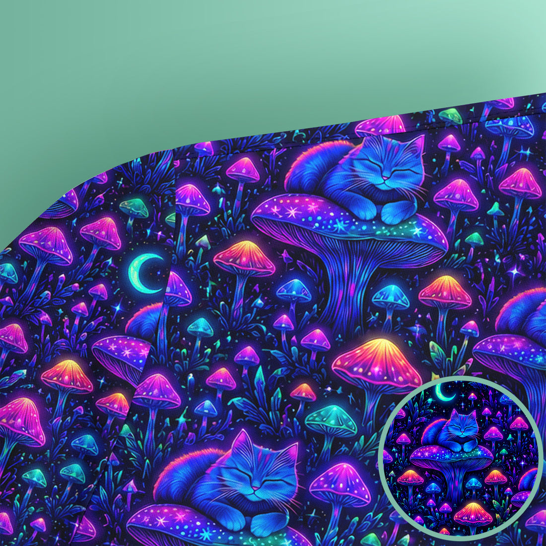 Neon Mushroom Cat Galaxy Scrub Top, Psychedelic Night Forest Nursing Uniform