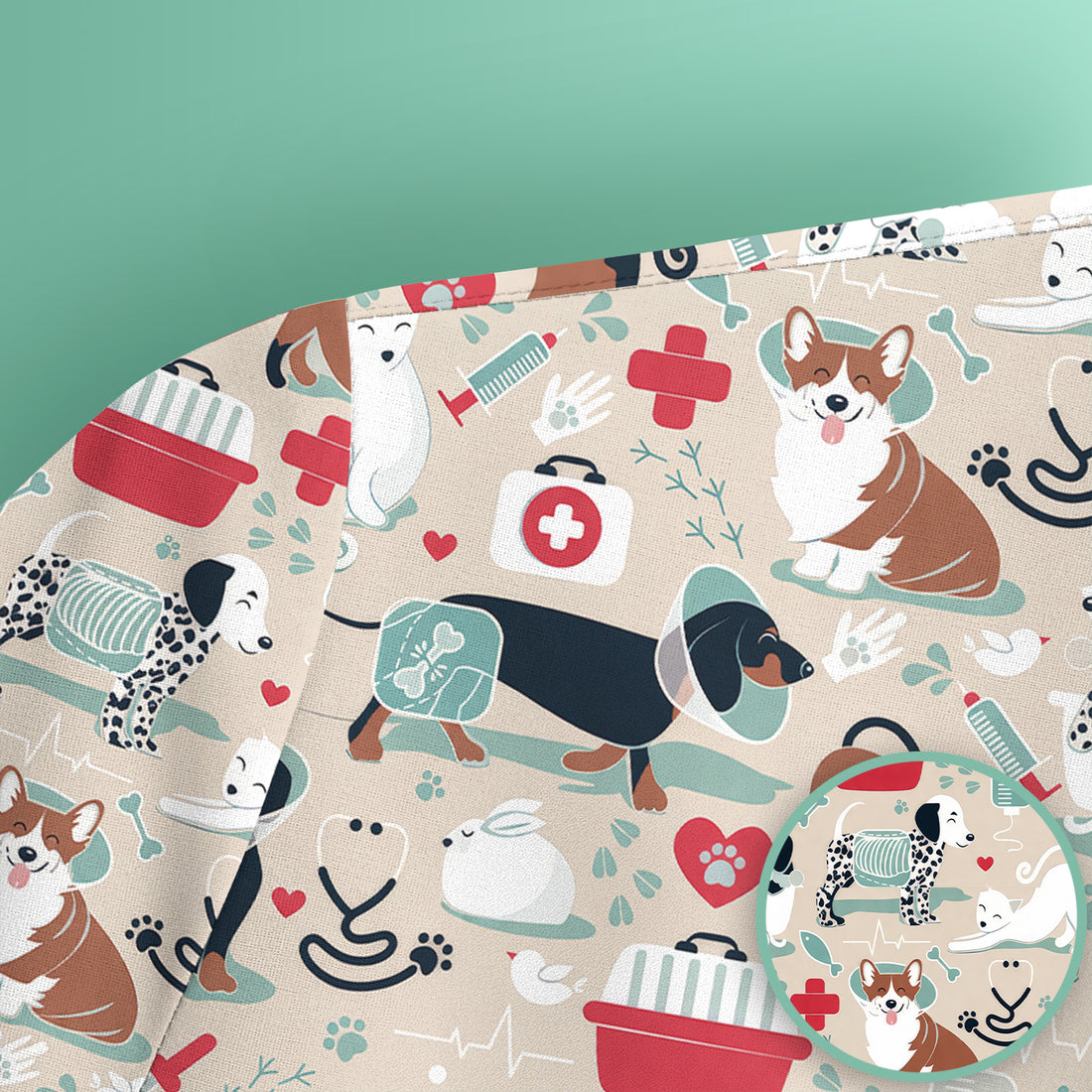 Dogs With Veterinary Tools And Paw Print Scrub Top, Breathable Fabrics Nursing Uniform