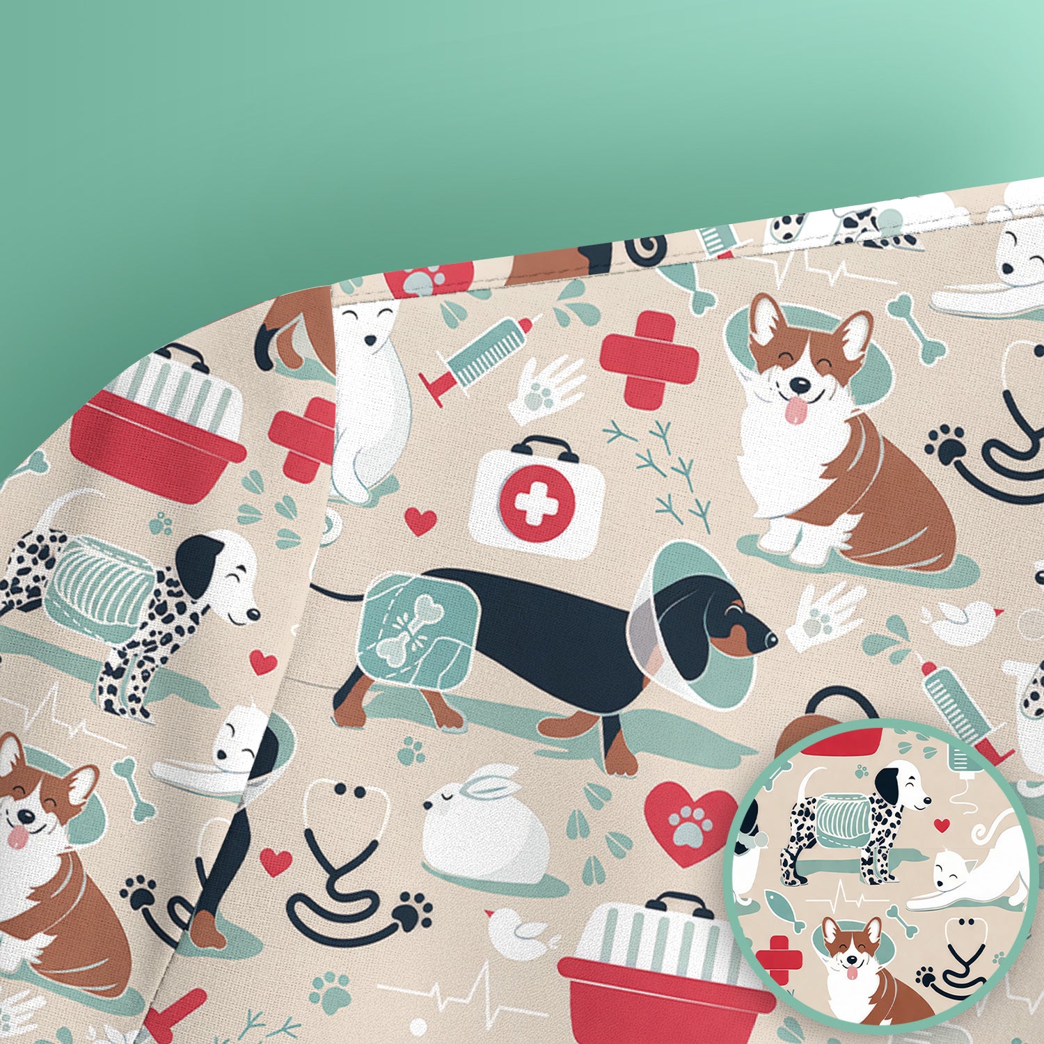 Dogs With Veterinary Tools And Paw Print Scrub Top, Breathable Fabrics Nursing Uniform