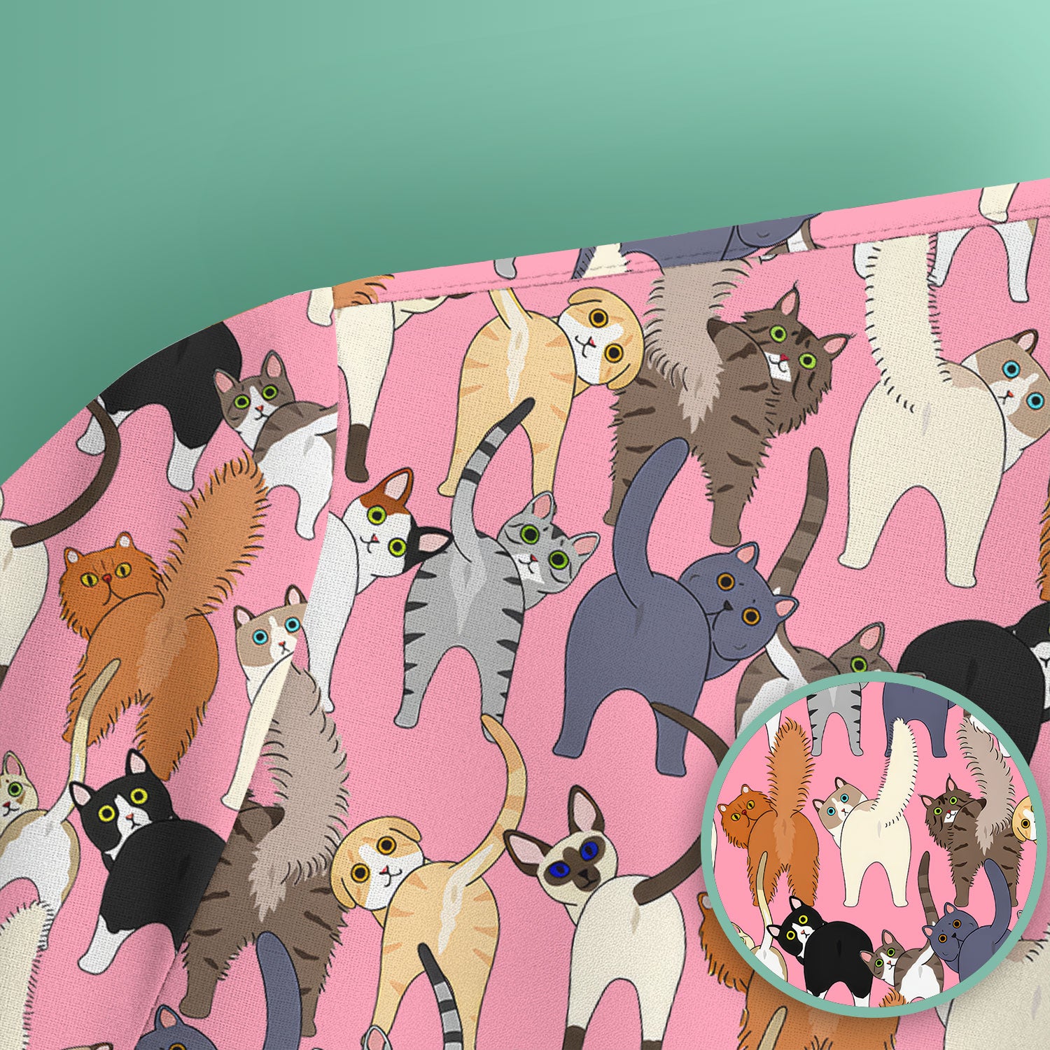 Whimsical Multicolor Cat Cartoon Pattern Scrub Top, Comfortable Scrubs for Nurses