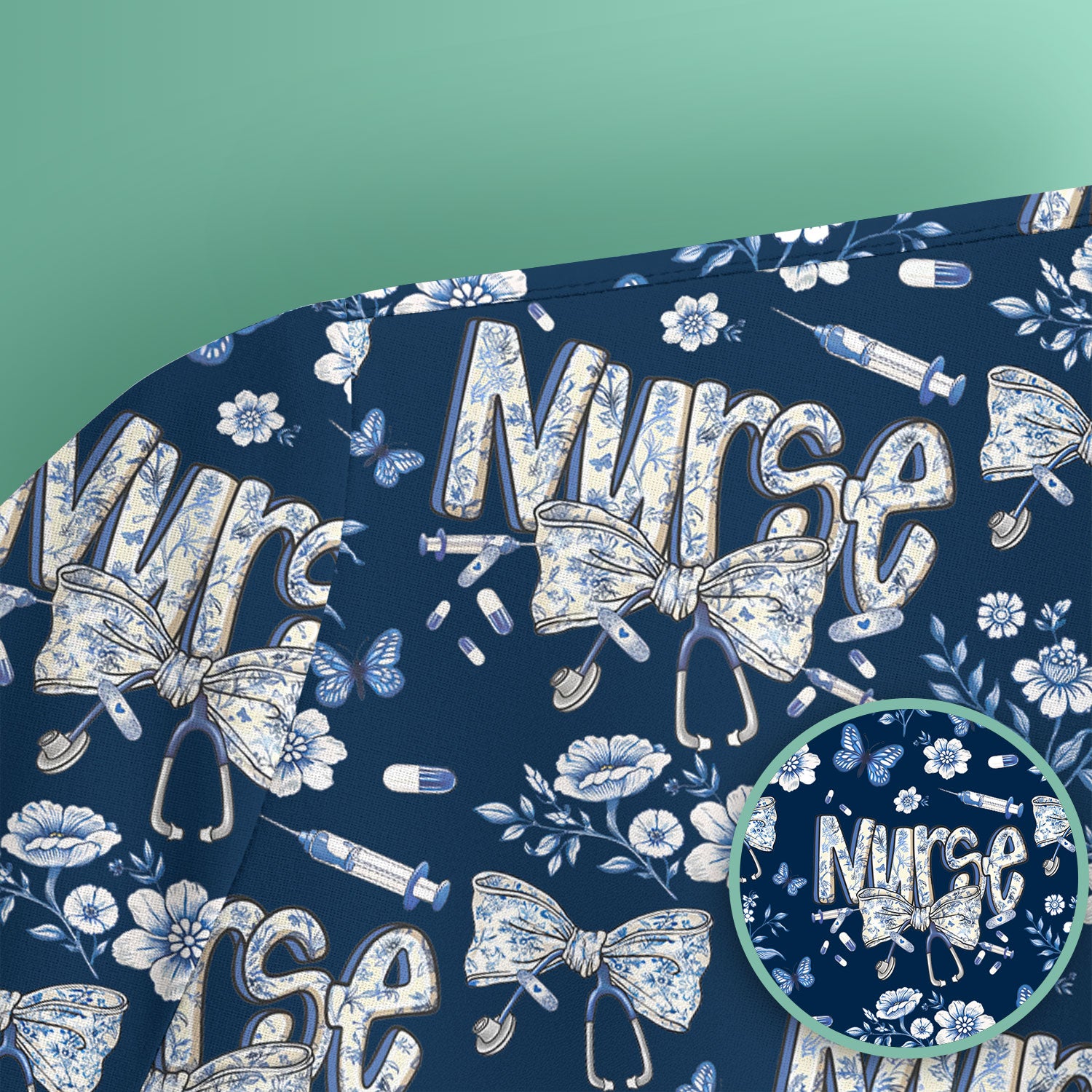Blue Nurse Letter Bow Butterfly Floral Print Scrub Top, Comfortable Scrubs for Nurses