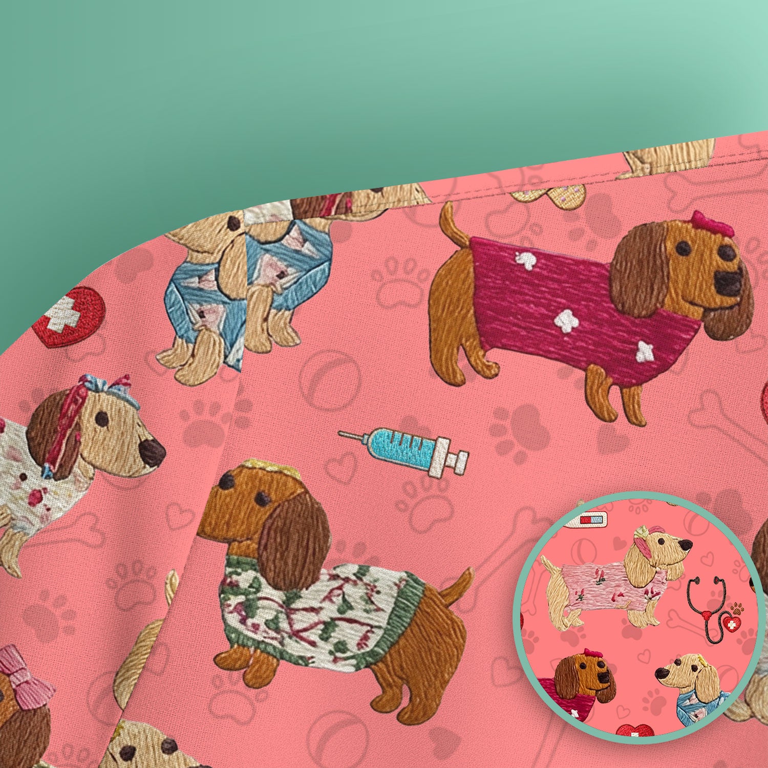 Cute Medical Wiener Dog Pattern Nurse Shirt, Dachshund Nursing Scrub Top, Breathable Fabrics Nursing Uniform