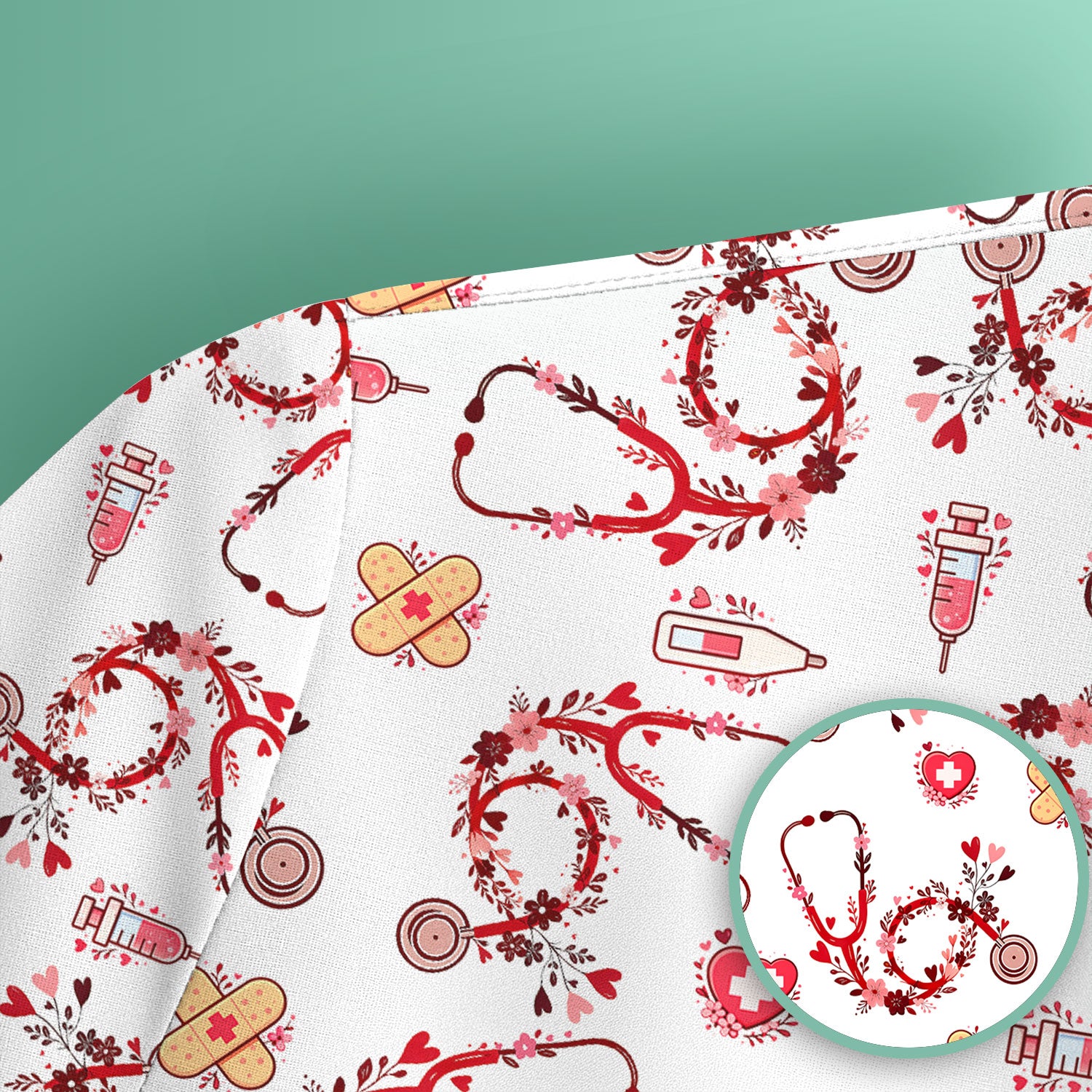 Heart Stethoscope Medical Pattern Scrub Top, Breathable Fabrics Nursing Uniform