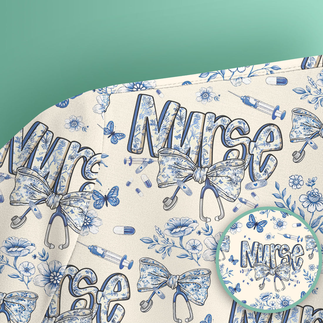 Blue Nurse Letter Bow Butterfly Floral Print Scrub Top, Comfortable Scrubs for Nurses