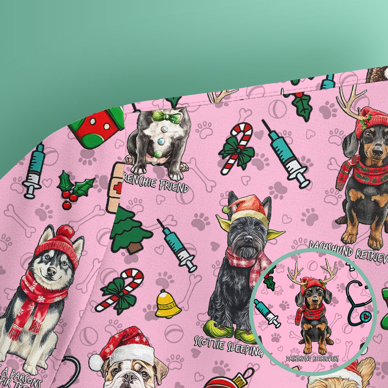Christmas Dog Scrubs for Nurses – Dachshund, Husky, Poodle, Corgi & Labrador Holiday Scrub Top – Funny Santa Pattern Medical Shirt