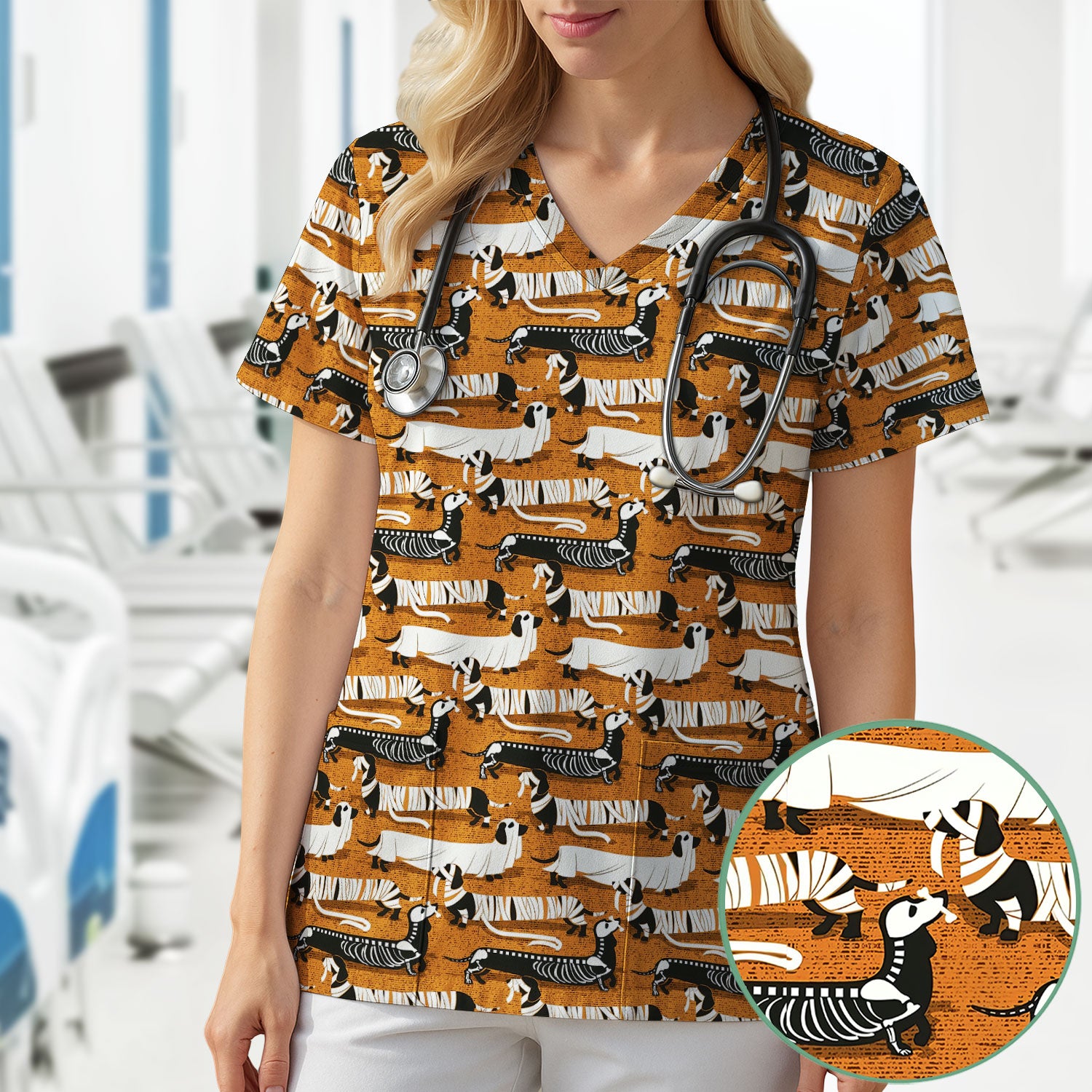 Dachshund Halloween Scrub Shirt - Multi Color Dog Print Scrub Top - Funny Skeleton Nurse Scrubs Gift for Women Men, CNA, RN