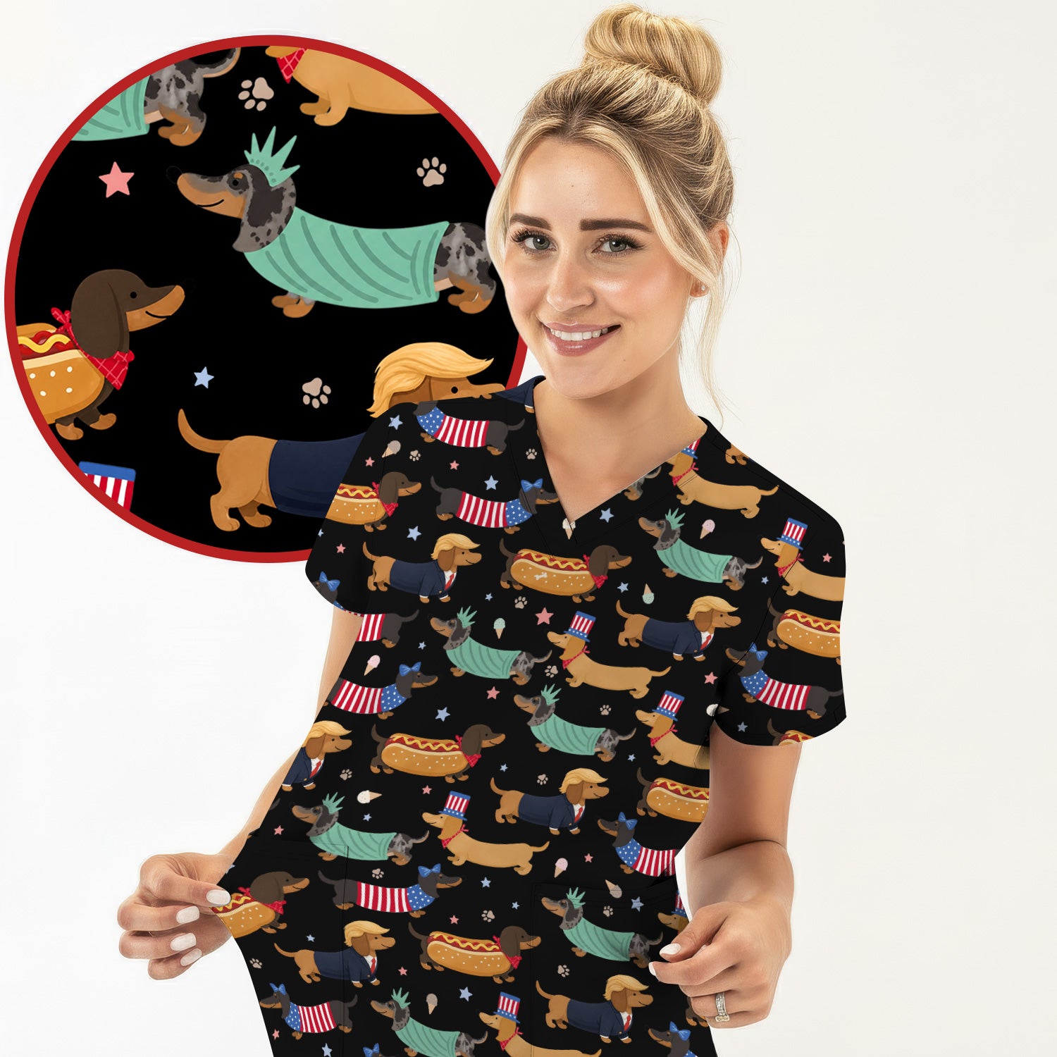 Funny Patriotic Dachshund Costume Dogs Pattern Scrub Top, Breathable Fabrics Nursing Uniform