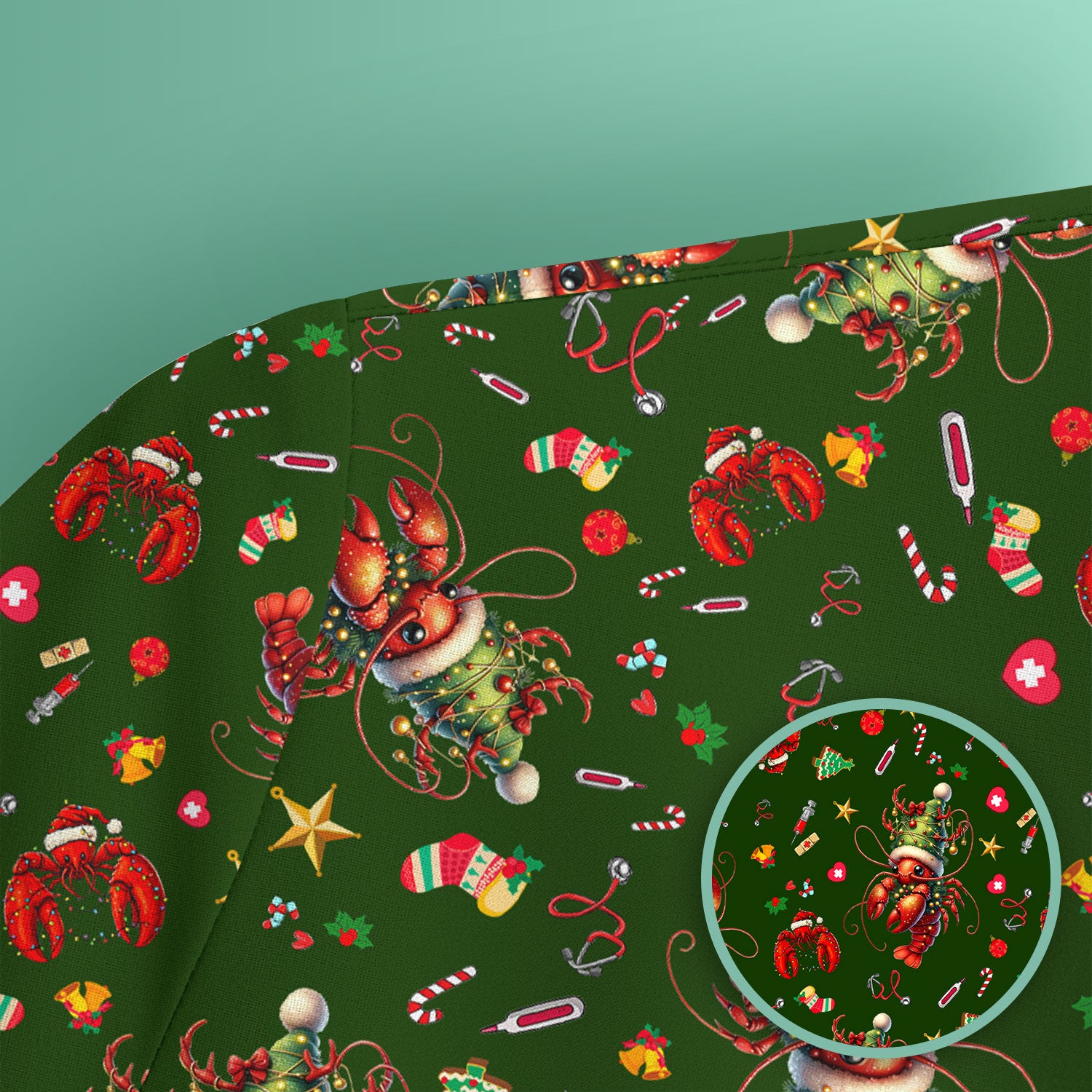 Whimsical Crawfish Christmas Scrub Top – Southern Christmas Cajun Holiday Crawfish Pattern – Cute Medical Uniform for Nurses, Vets And Healthcare Workers