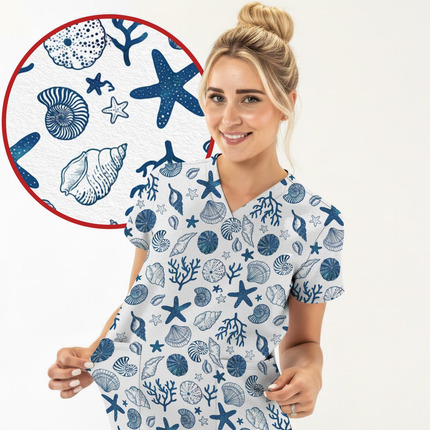 Cute Ocean Shell Starfish Pattern Scrub Top, Comfortable Scrubs for Nurses