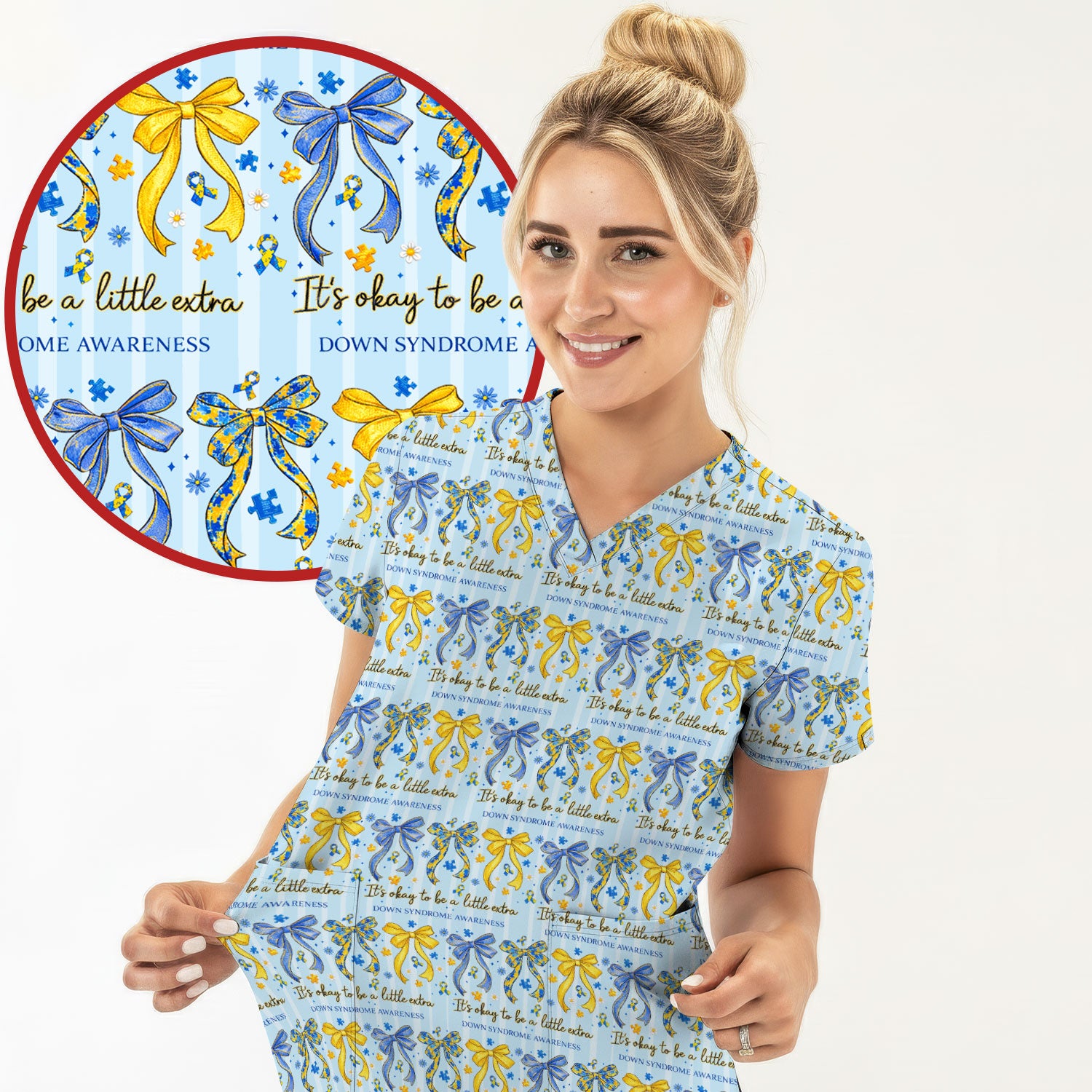 Down Syndrome Awareness Ribbon Pattern Scrub Top Comfortable Nurse Workwear Top