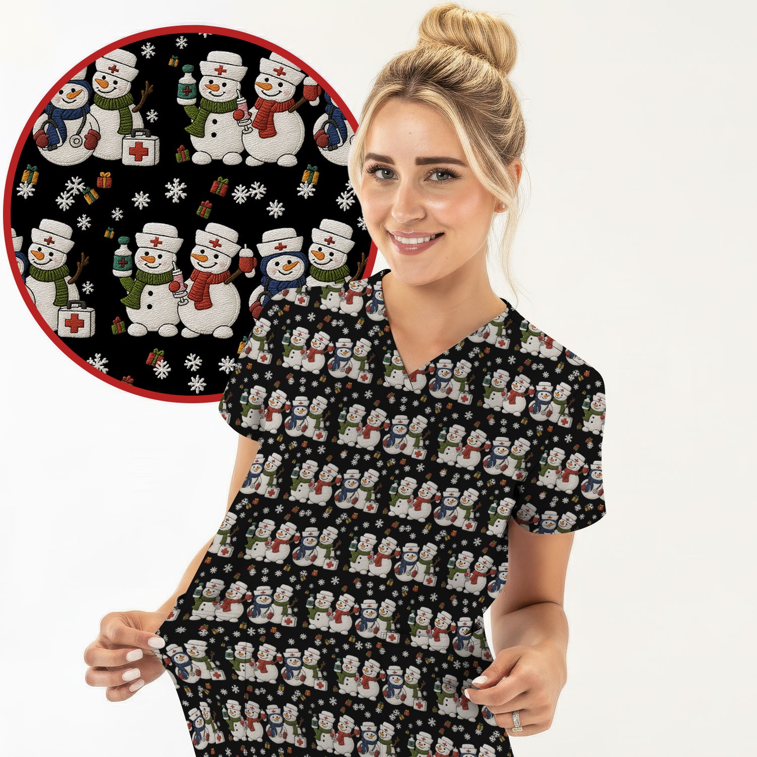 Cute Christmas Snowman Nurse Pattern Scrub Top, Breathable Fabrics Nursing Uniform