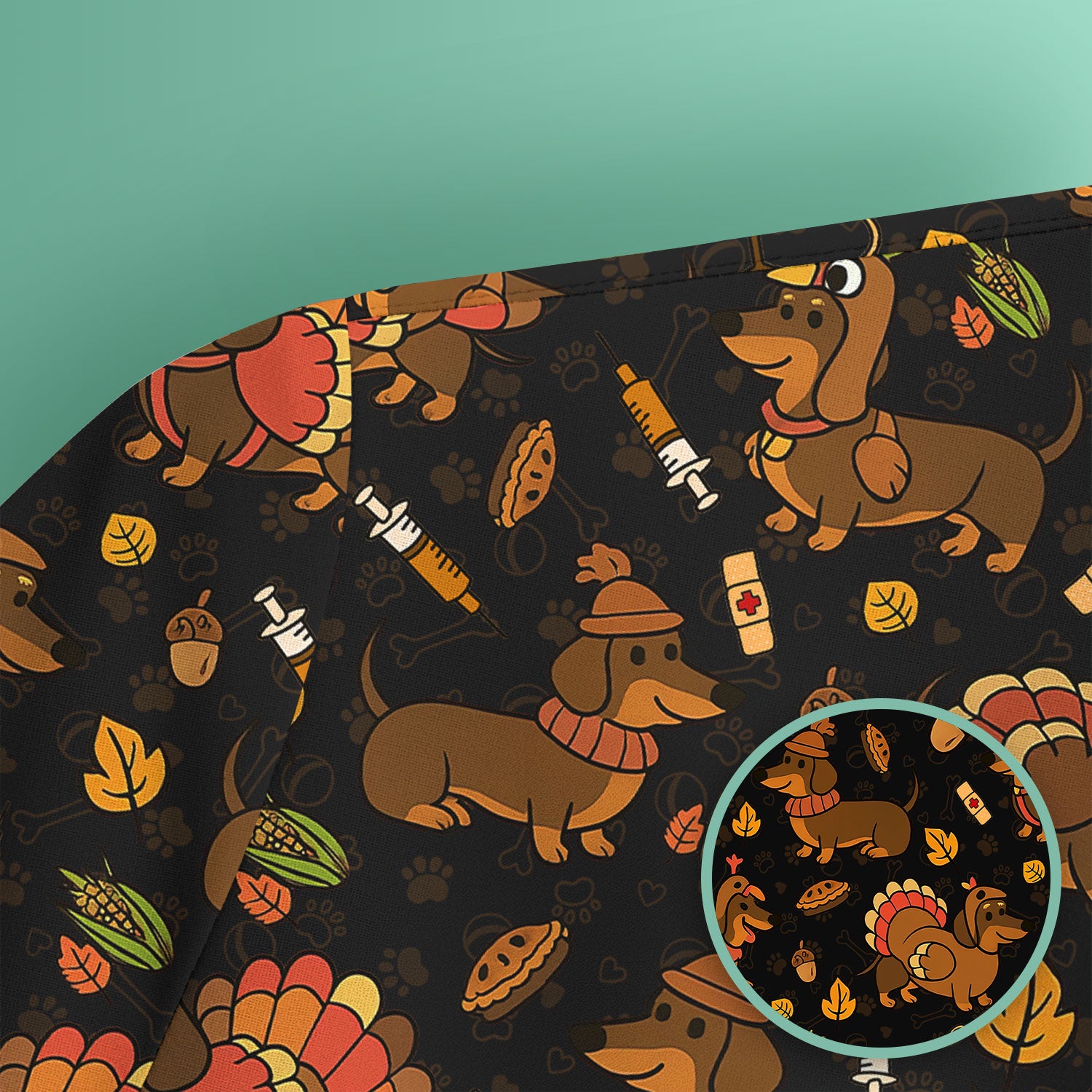 Thanksgiving Dachshund Scrubs Top - Cute Dog Turkey Medical Uniform Shirt for Nurses - Funny Holiday Gift