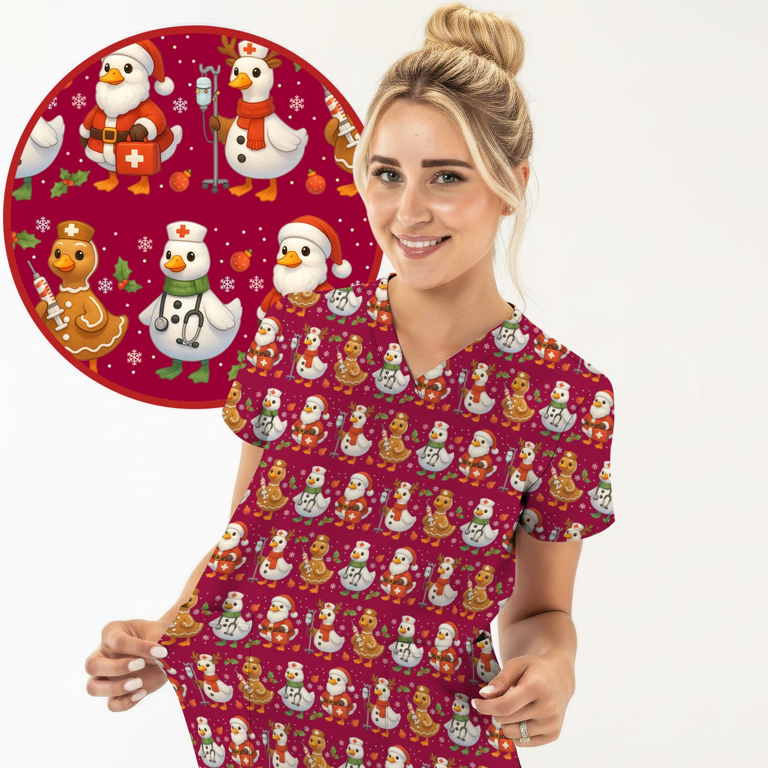 Christmas Goose Scrubs for Women - Funny Holiday Goose Pattern Medical Scrub Top - Festive Christmas Scrubs with Cute Nurse Design
