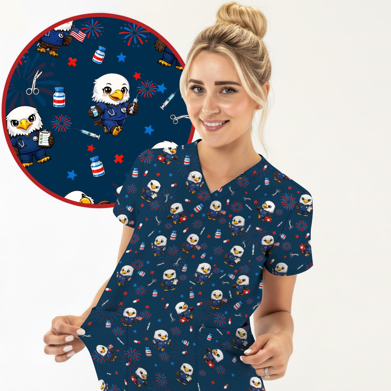 Patriotic Nurse Eagle Fireworks Medical Pattern Scrub Top, Breathable Fabrics Nursing Uniform