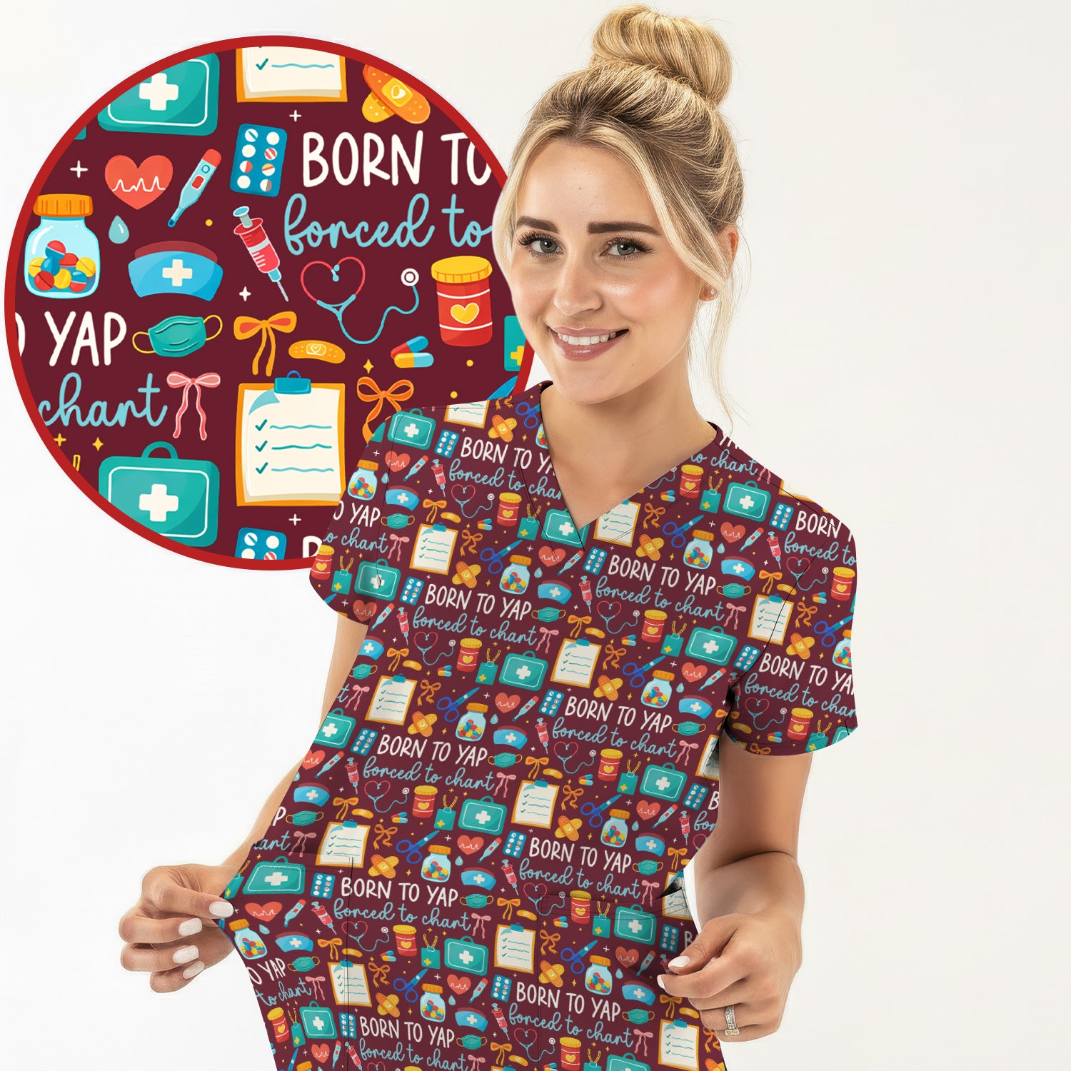 Born To Yap Medical Tools Pattern Scrub Top, Comfortable Scrubs for Nurses
