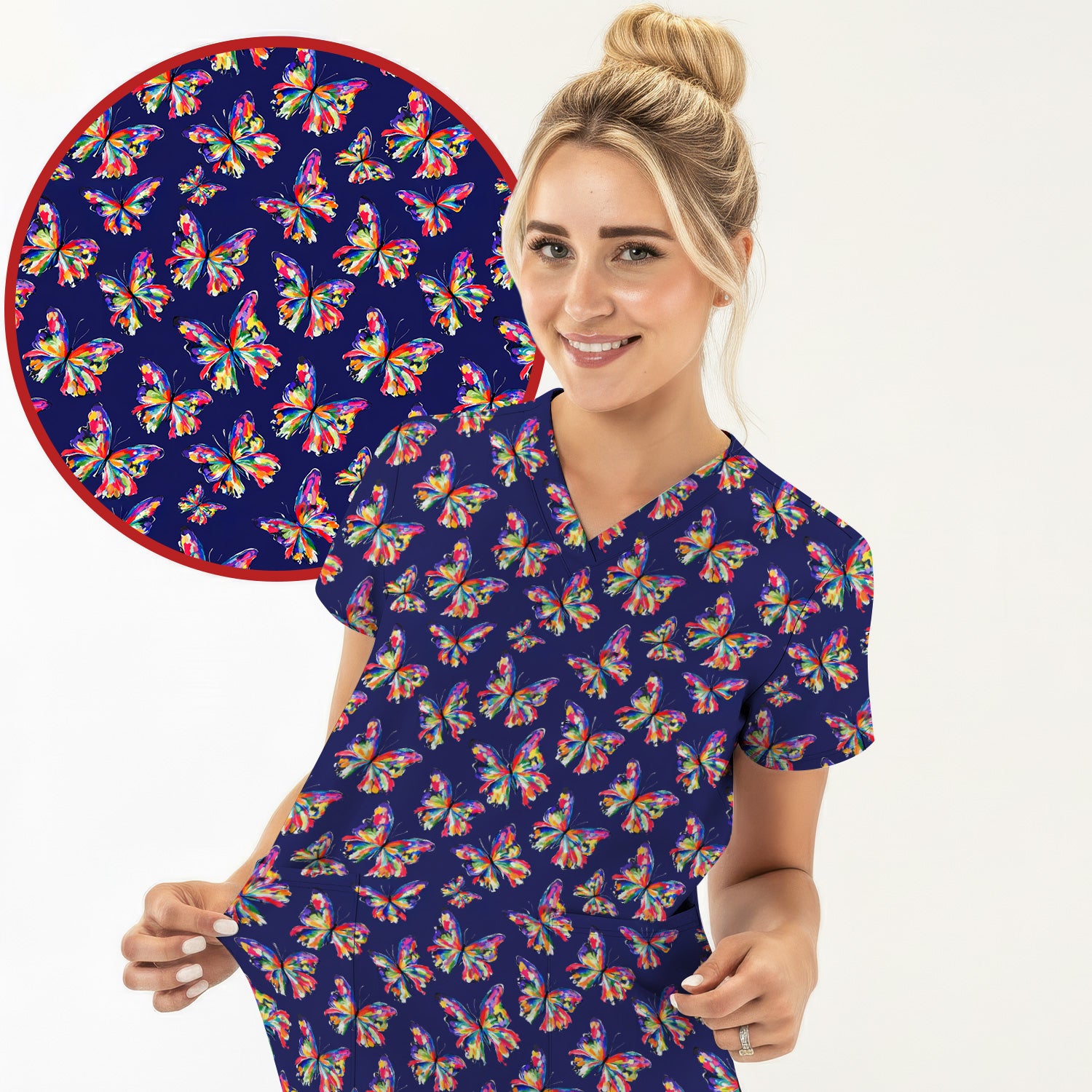 Vibrant Rainbow Butterfly Pattern Scrub Top, Comfortable Scrubs for Nurses