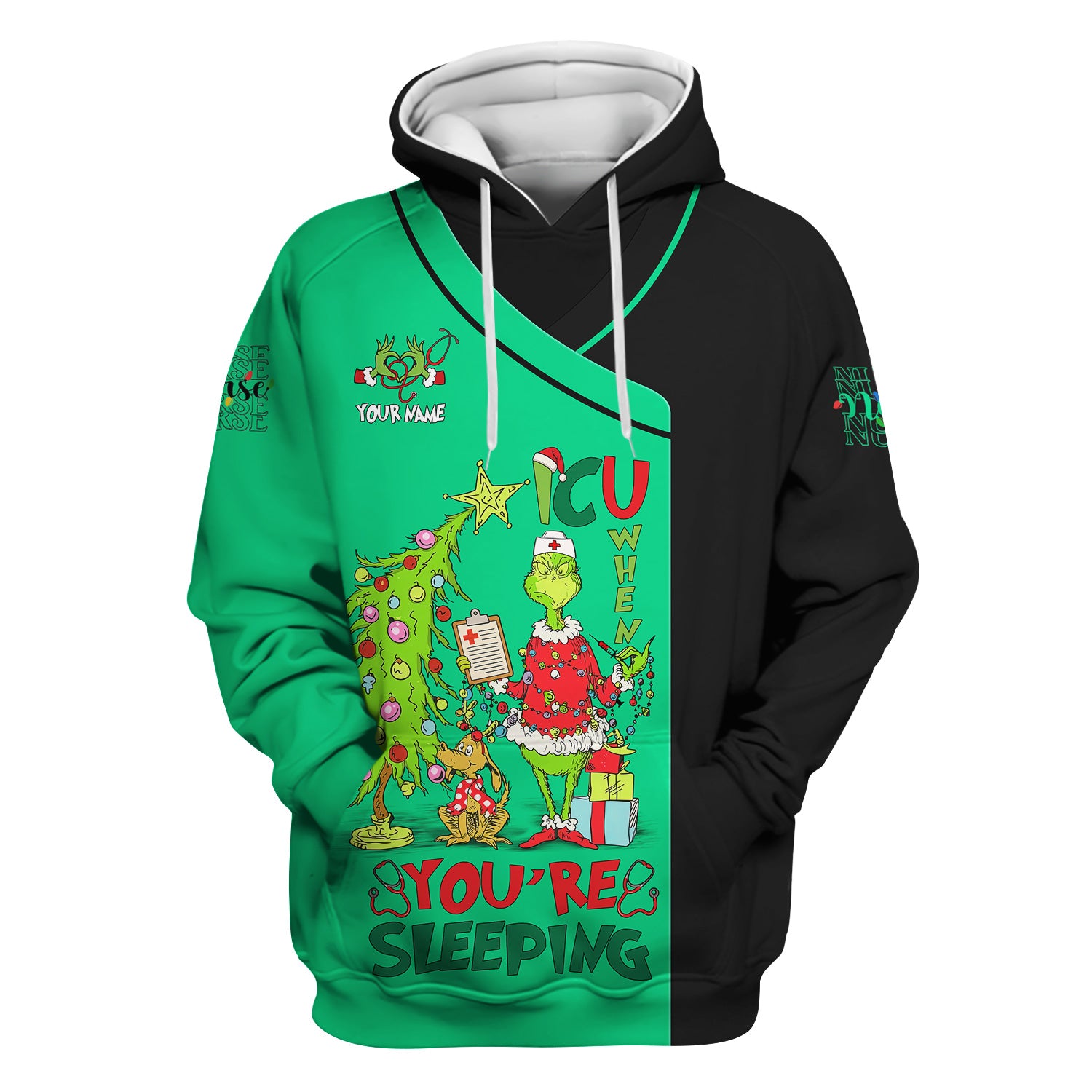 Personalized Grinch Nurse Scrub Top - Funny ICU When You’re Sleeping Medical Shirt - Healthcare Worker Gift
