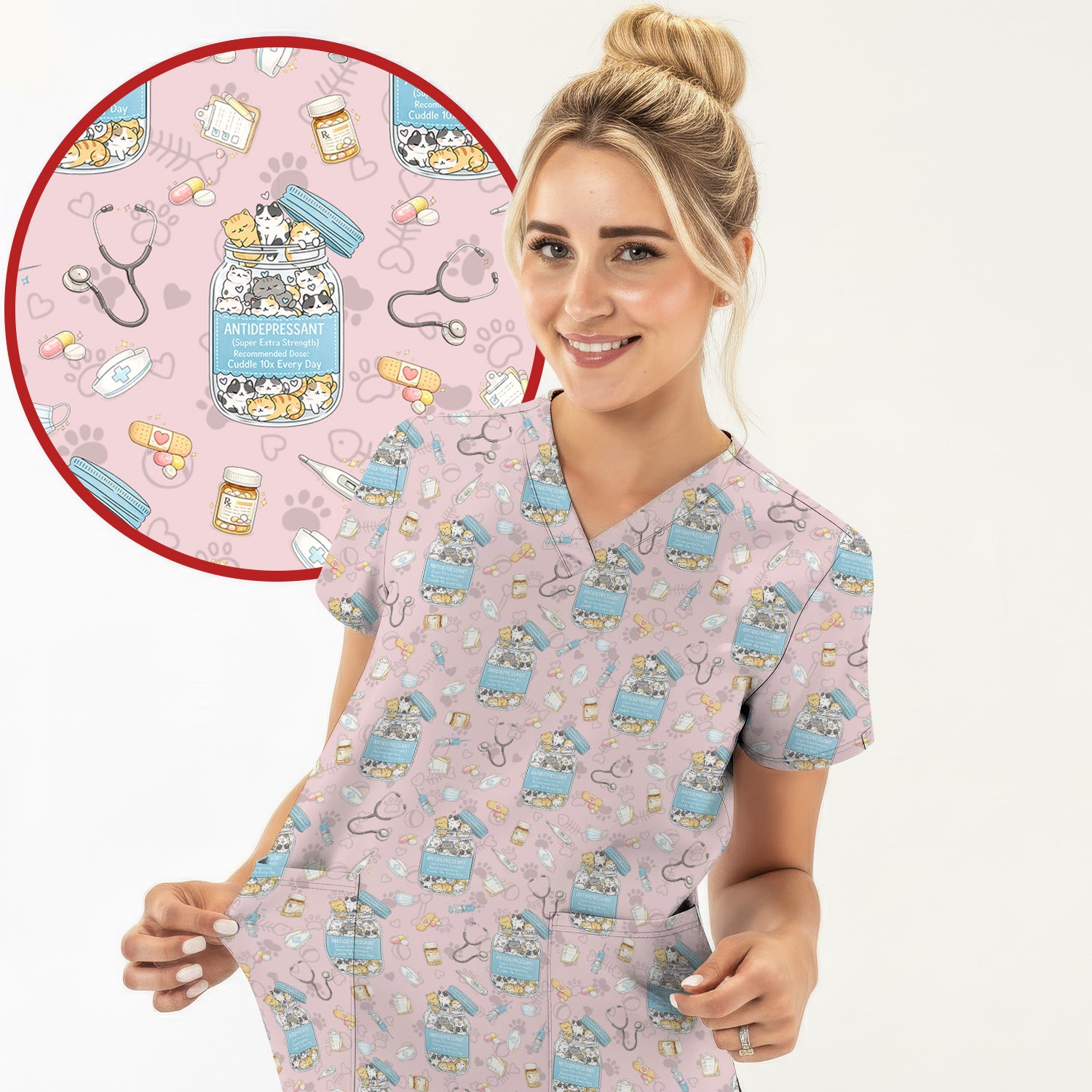 Cute Antidepressant Cat Jar Print Nurse Scrub Top, Breathable Fabrics Nursing Uniform